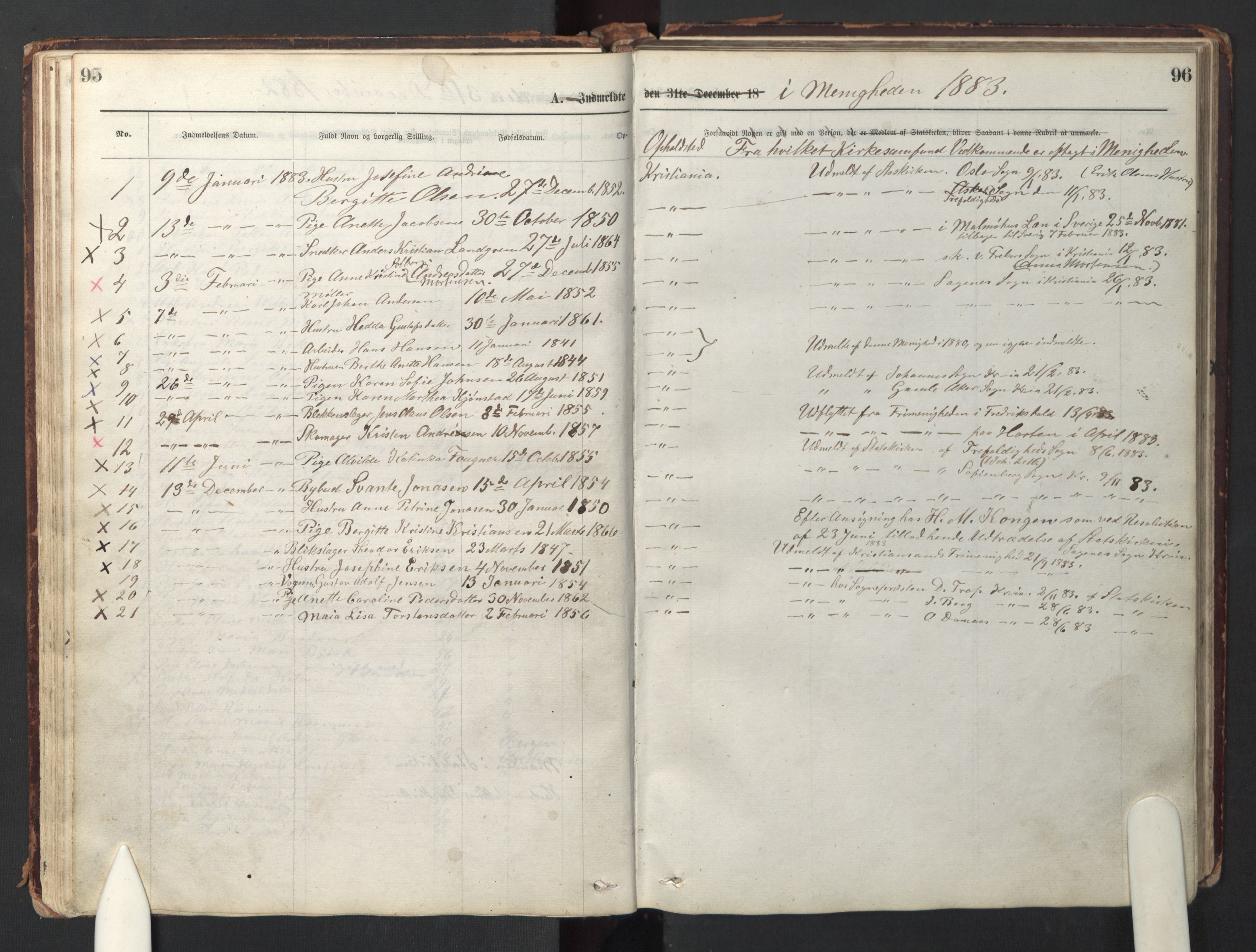 Den evangelisk-lutherske frikirke østre menighet, Oslo, AV/SAO-PAO-0245/F/L0001: Dissenter register no. 1, 1878-1892, p. 95-96