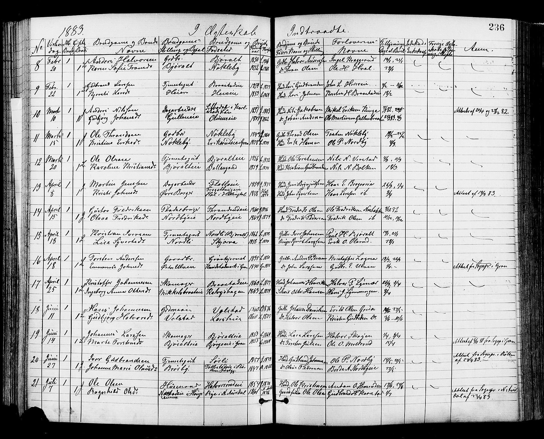 Jevnaker prestekontor, SAH/PREST-116/H/Ha/Haa/L0008: Parish register (official) no. 8, 1877-1890, p. 236