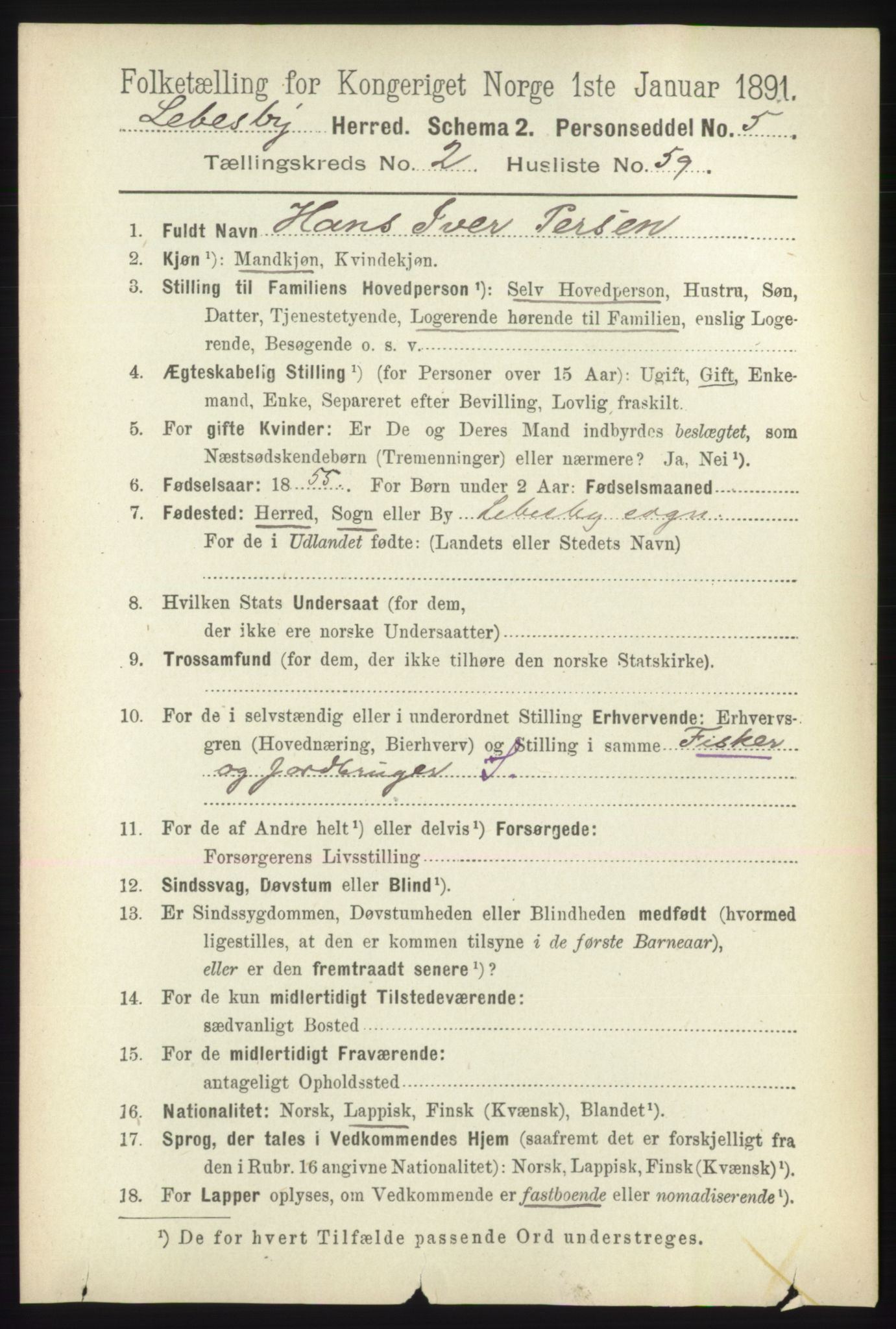 RA, 1891 census for 2022 Lebesby, 1891, p. 674