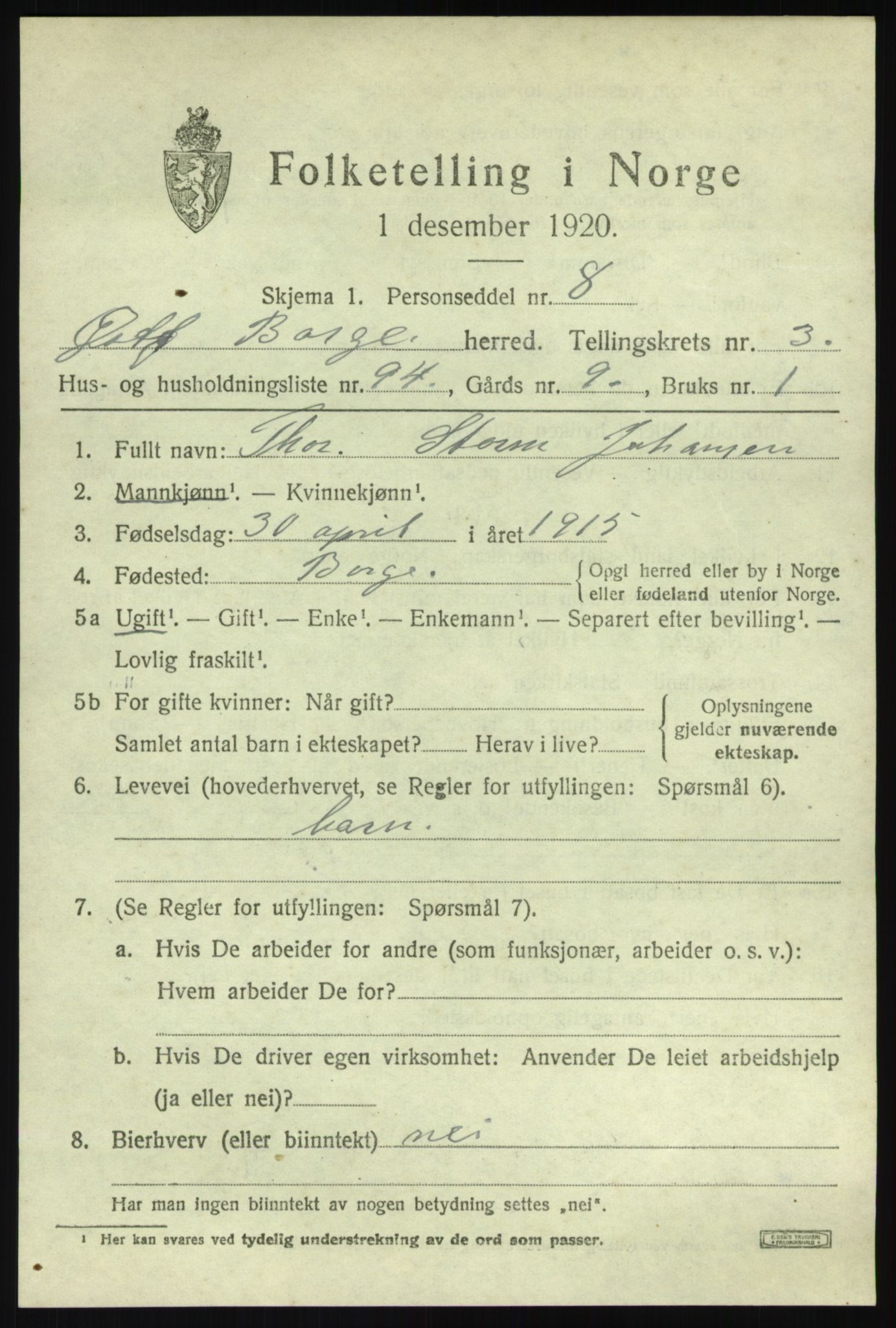 SAO, 1920 census for Borge, 1920, p. 4947