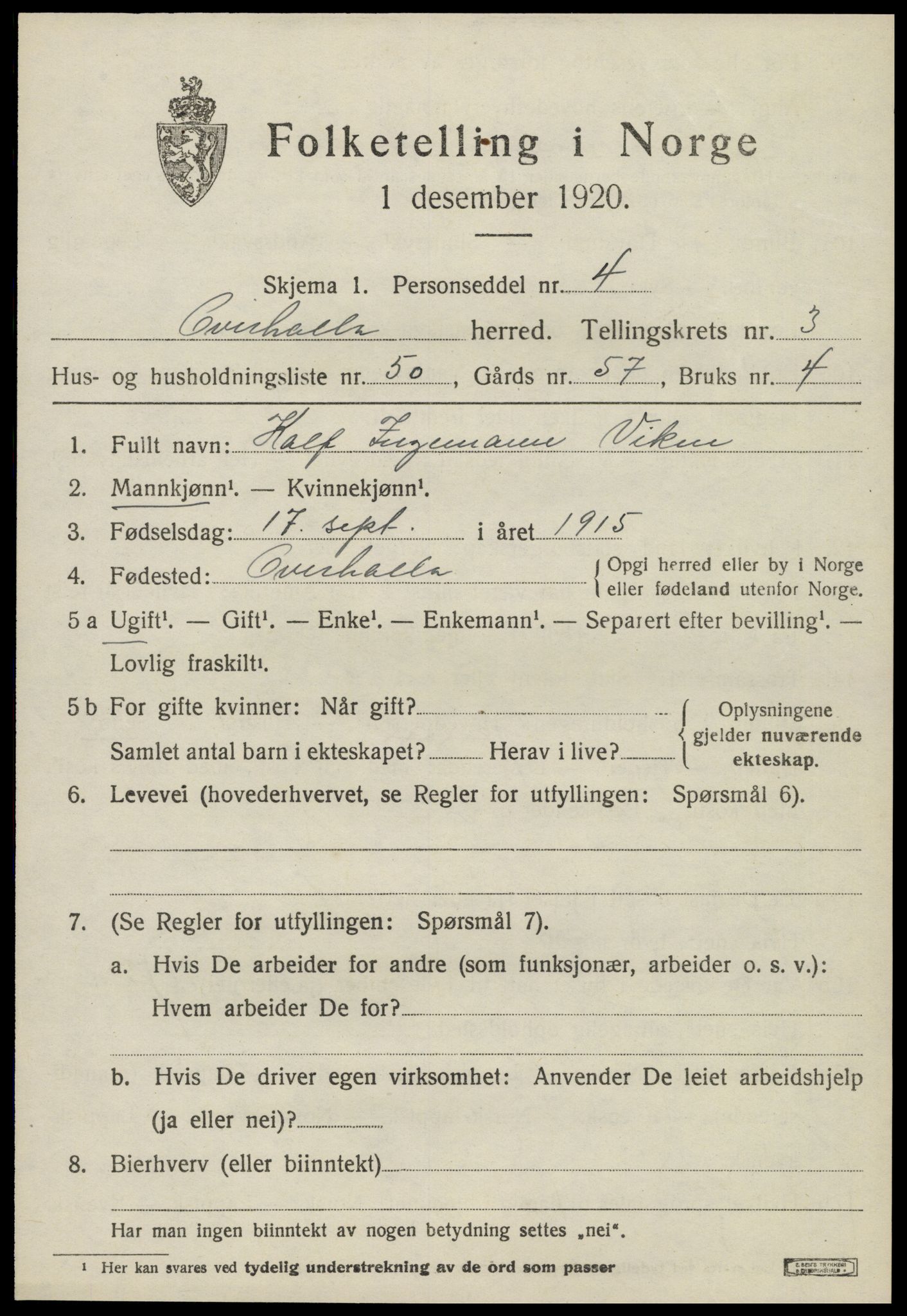 SAT, 1920 census for Overhalla, 1920, p. 2604