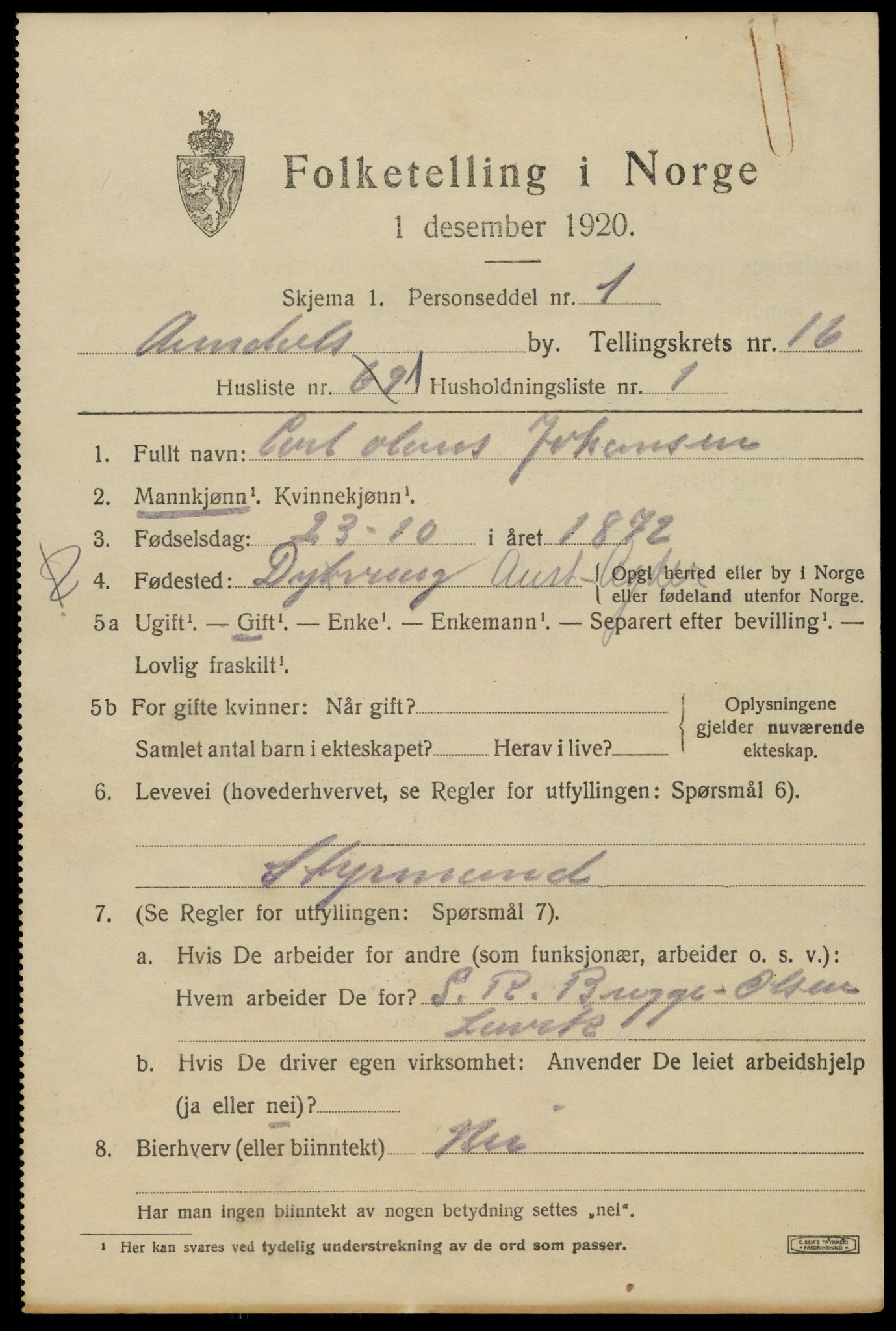 SAK, 1920 census for Arendal, 1920, p. 23310