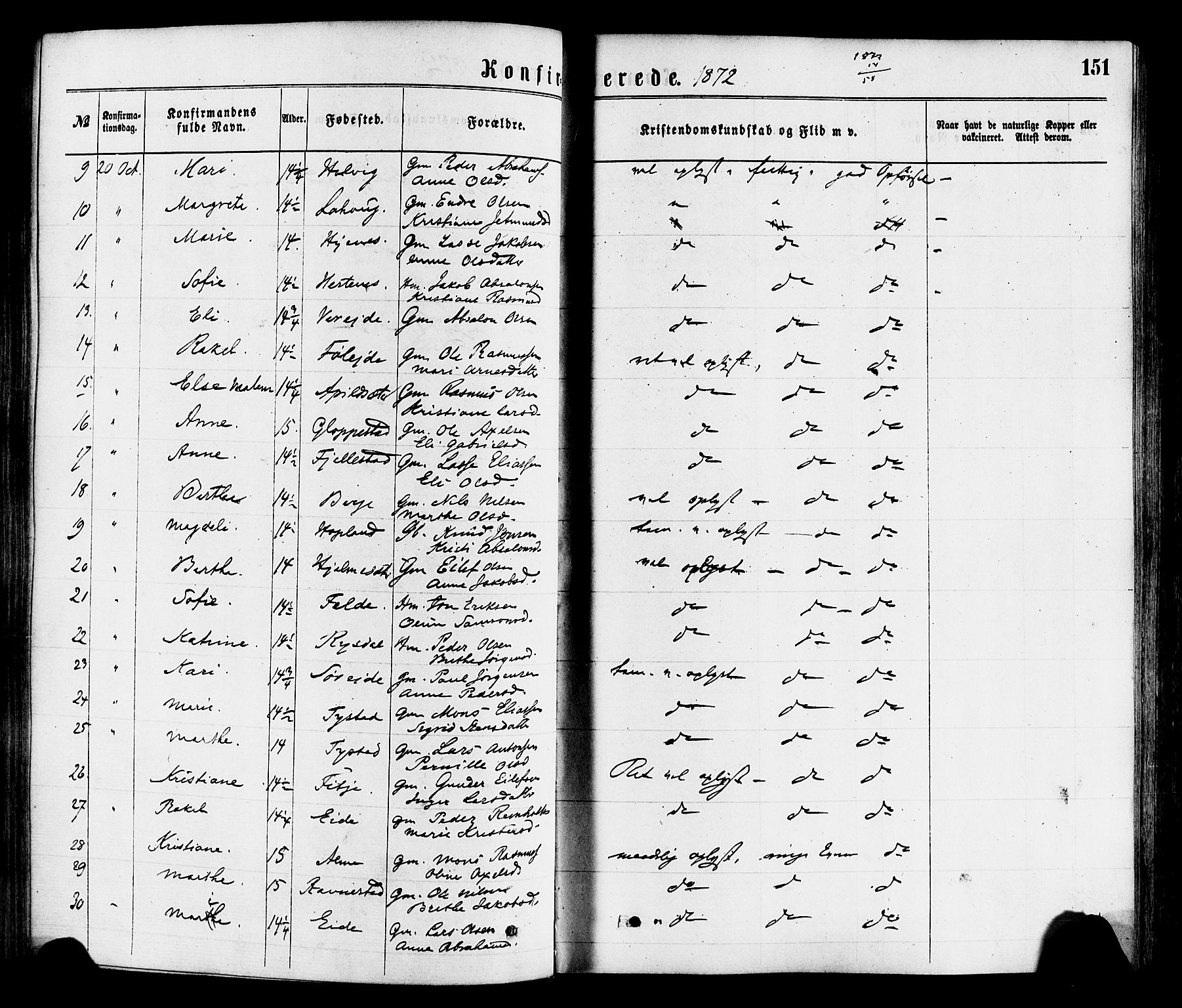 Gloppen sokneprestembete, AV/SAB-A-80101/H/Haa/Haaa/L0010: Parish register (official) no. A 10, 1871-1884, p. 151