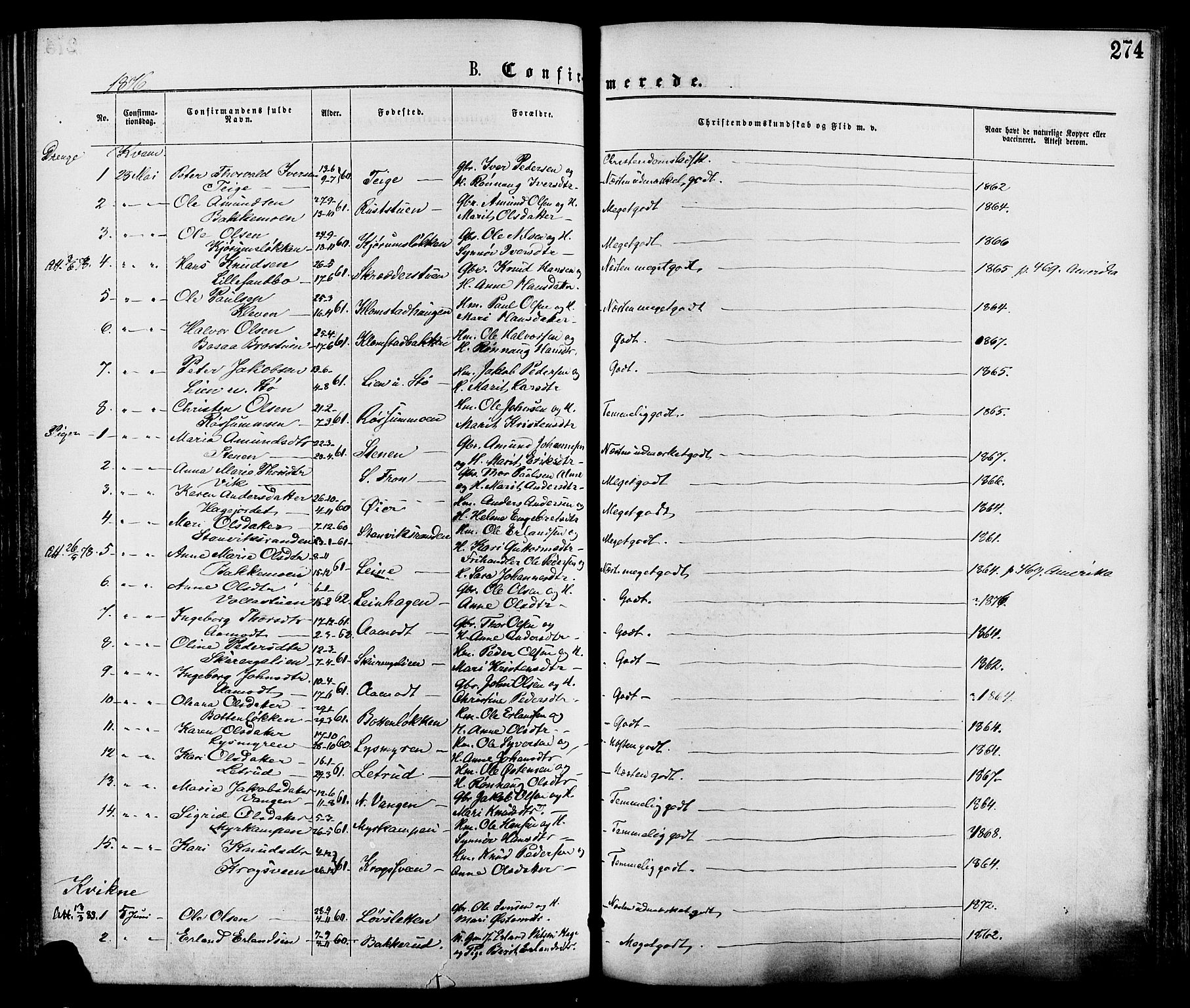 Nord-Fron prestekontor, AV/SAH-PREST-080/H/Ha/Haa/L0002: Parish register (official) no. 2, 1865-1883, p. 274