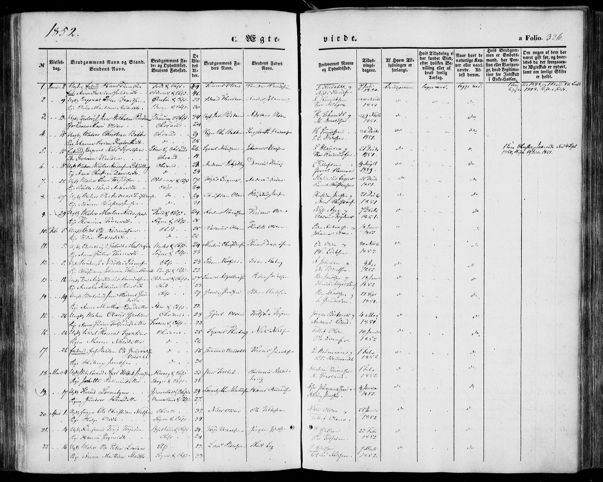 Kristiansand domprosti, AV/SAK-1112-0006/F/Fa/L0014: Parish register (official) no. A 14, 1852-1867, p. 326