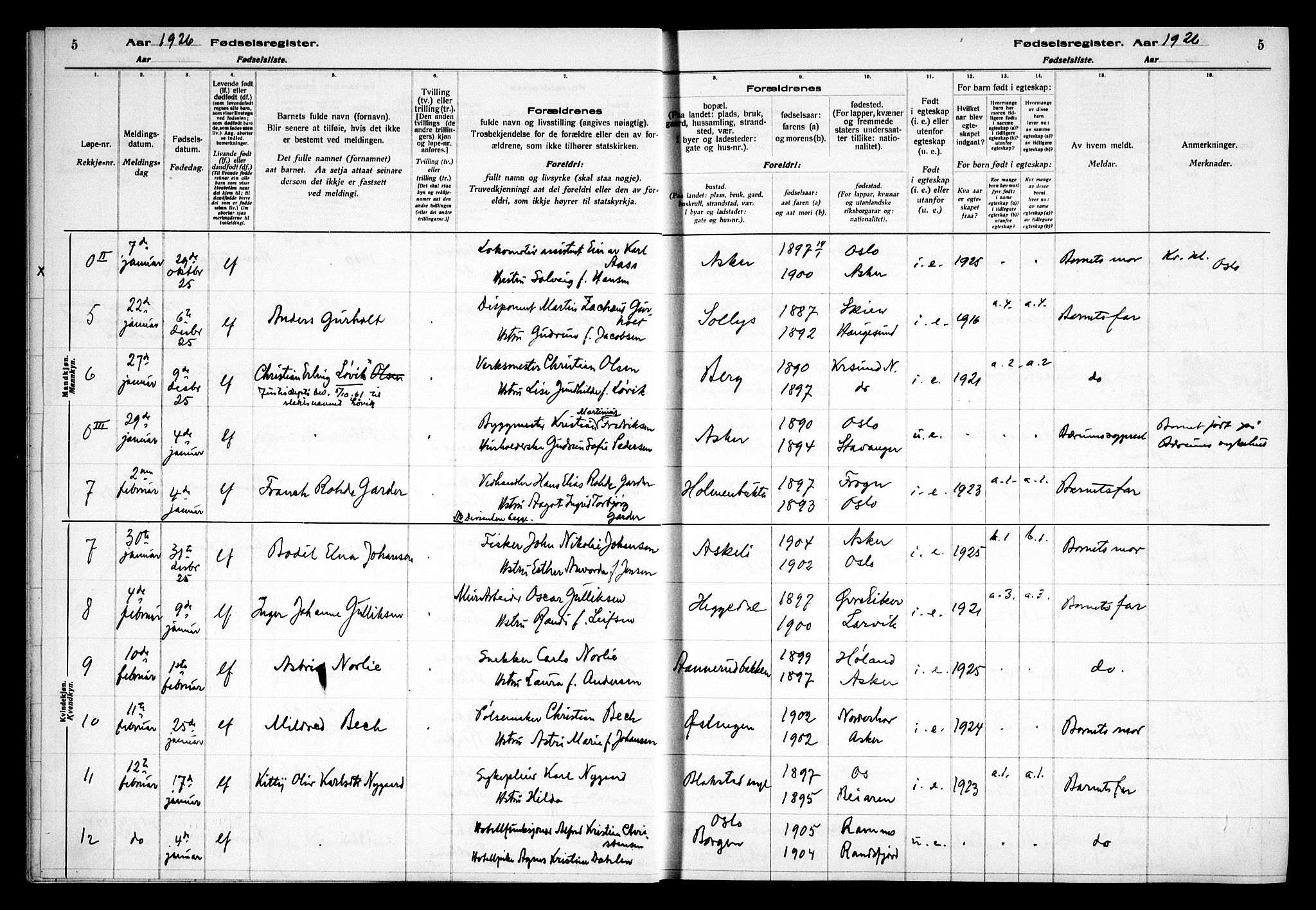 Asker prestekontor Kirkebøker, SAO/A-10256a/J/L0002: Birth register no. 2, 1925-1938, p. 5