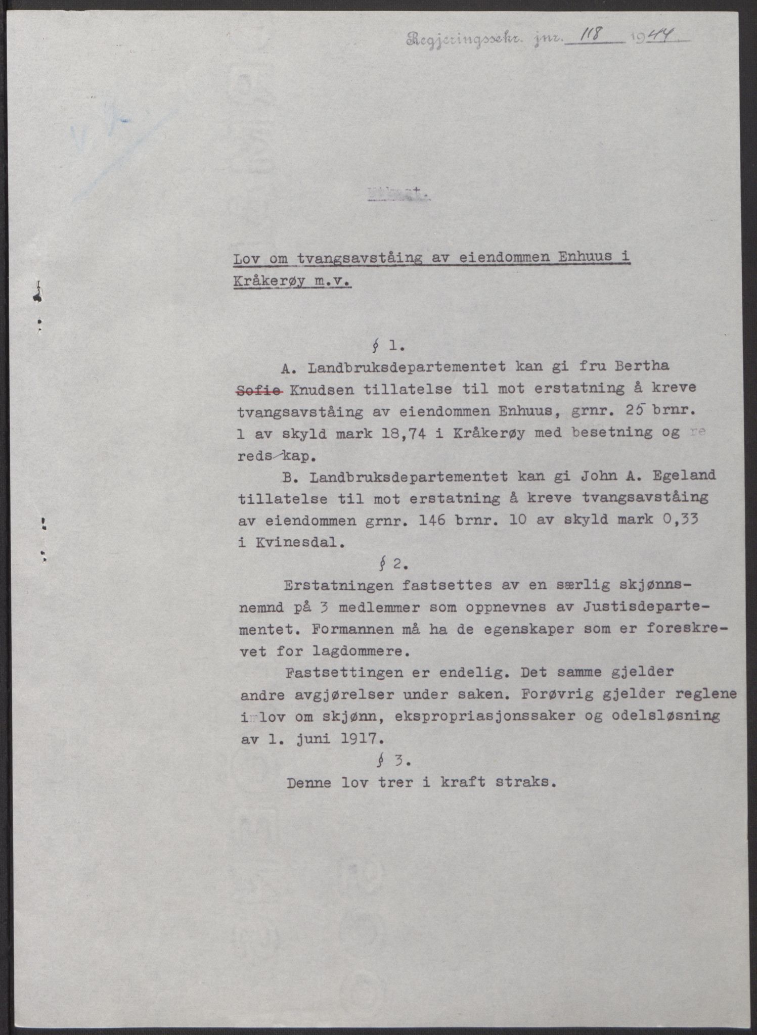 NS-administrasjonen 1940-1945 (Statsrådsekretariatet, de kommisariske statsråder mm), RA/S-4279/D/Db/L0100: Lover, 1944, p. 211