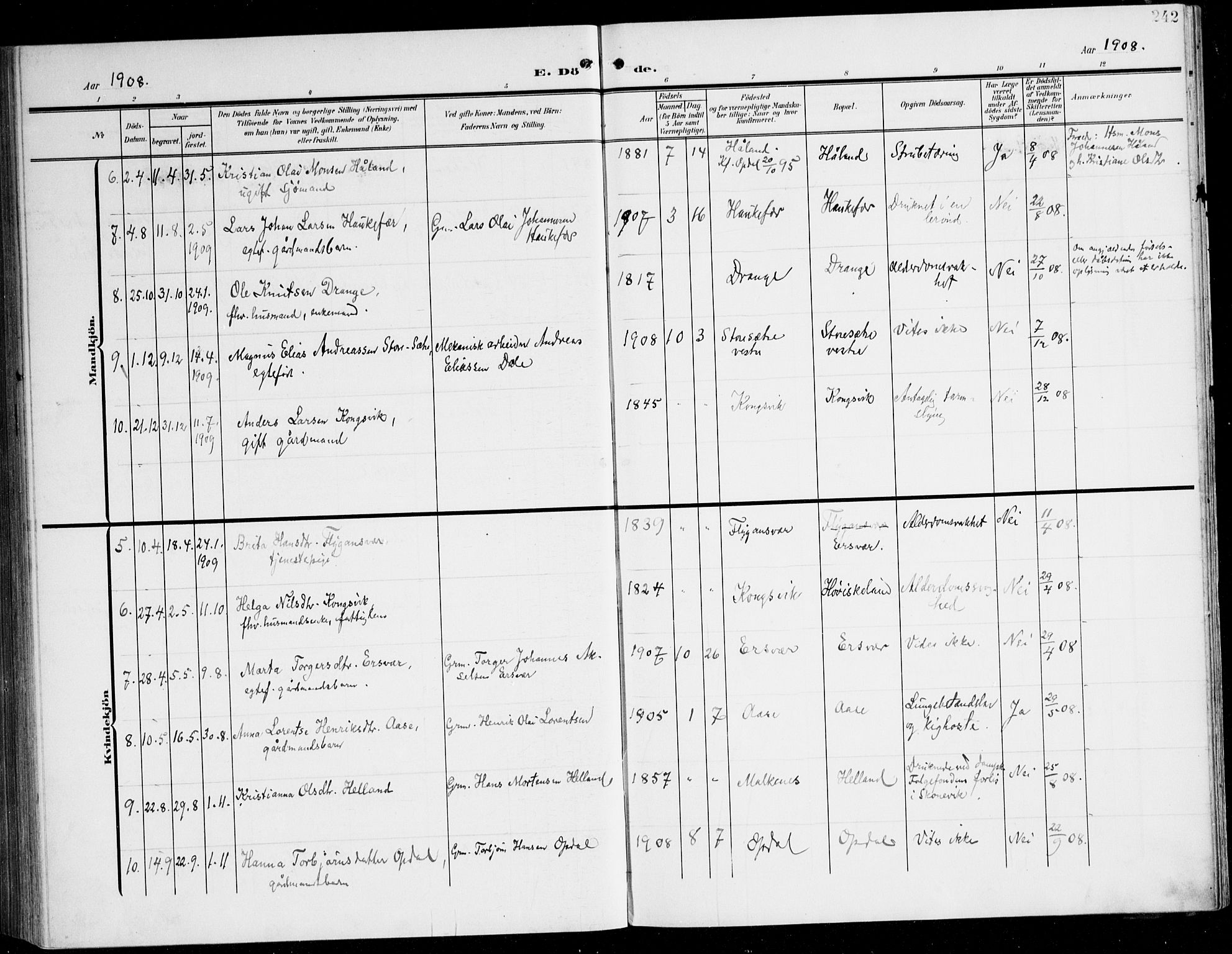 Tysnes sokneprestembete, AV/SAB-A-78601/H/Haa: Parish register (official) no. D 2, 1905-1922, p. 242