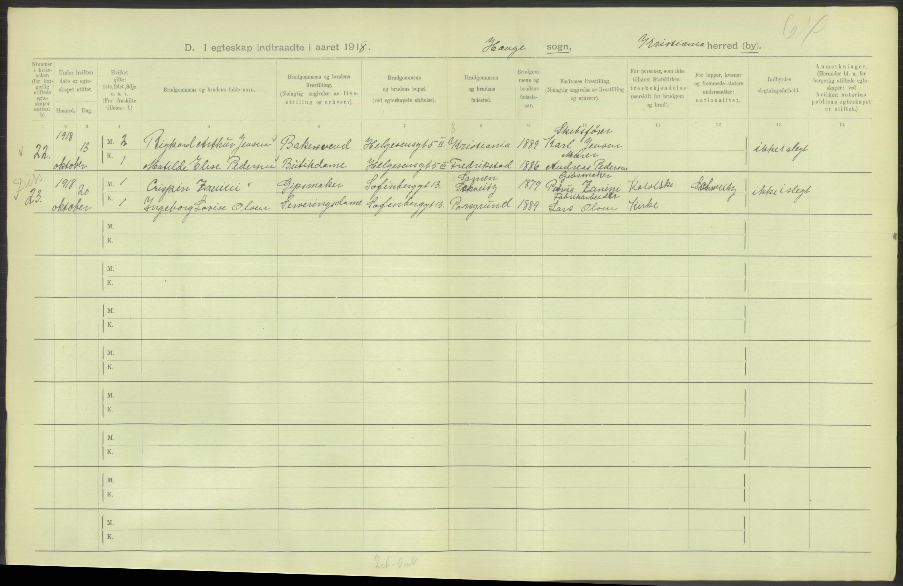 Statistisk sentralbyrå, Sosiodemografiske emner, Befolkning, AV/RA-S-2228/D/Df/Dfb/Dfbh/L0009: Kristiania: Gifte, 1918, p. 570