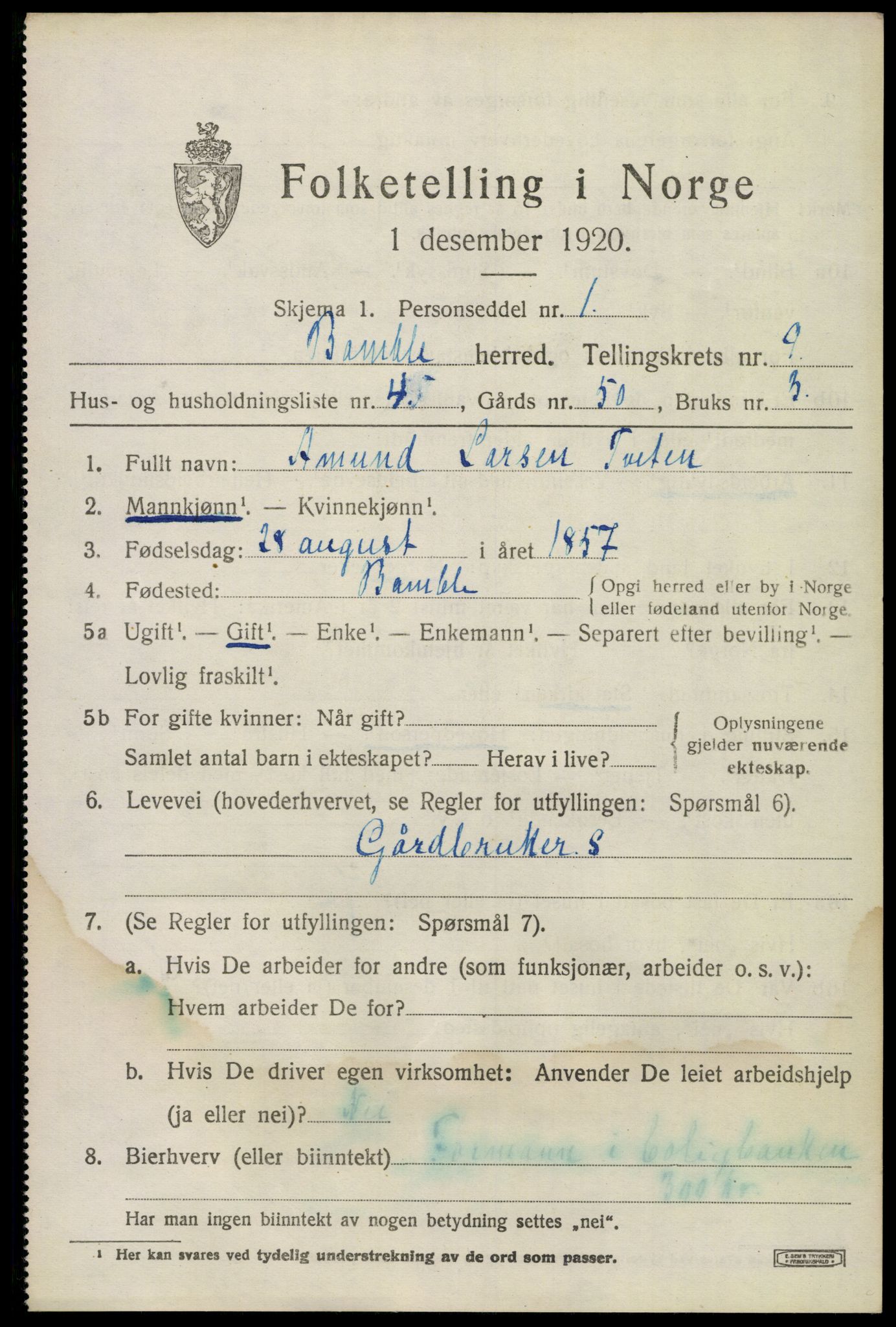 SAKO, 1920 census for Bamble, 1920, p. 7837