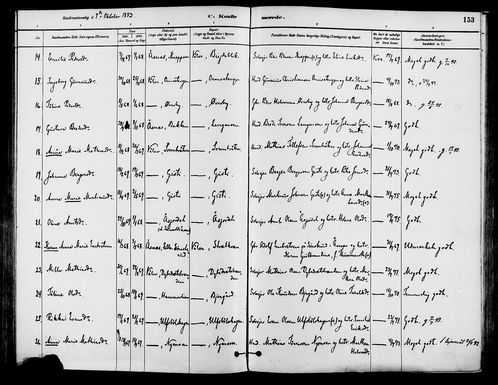 Våler prestekontor, Hedmark, AV/SAH-PREST-040/H/Ha/Haa/L0002: Parish register (official) no. 3, 1879-1911, p. 153