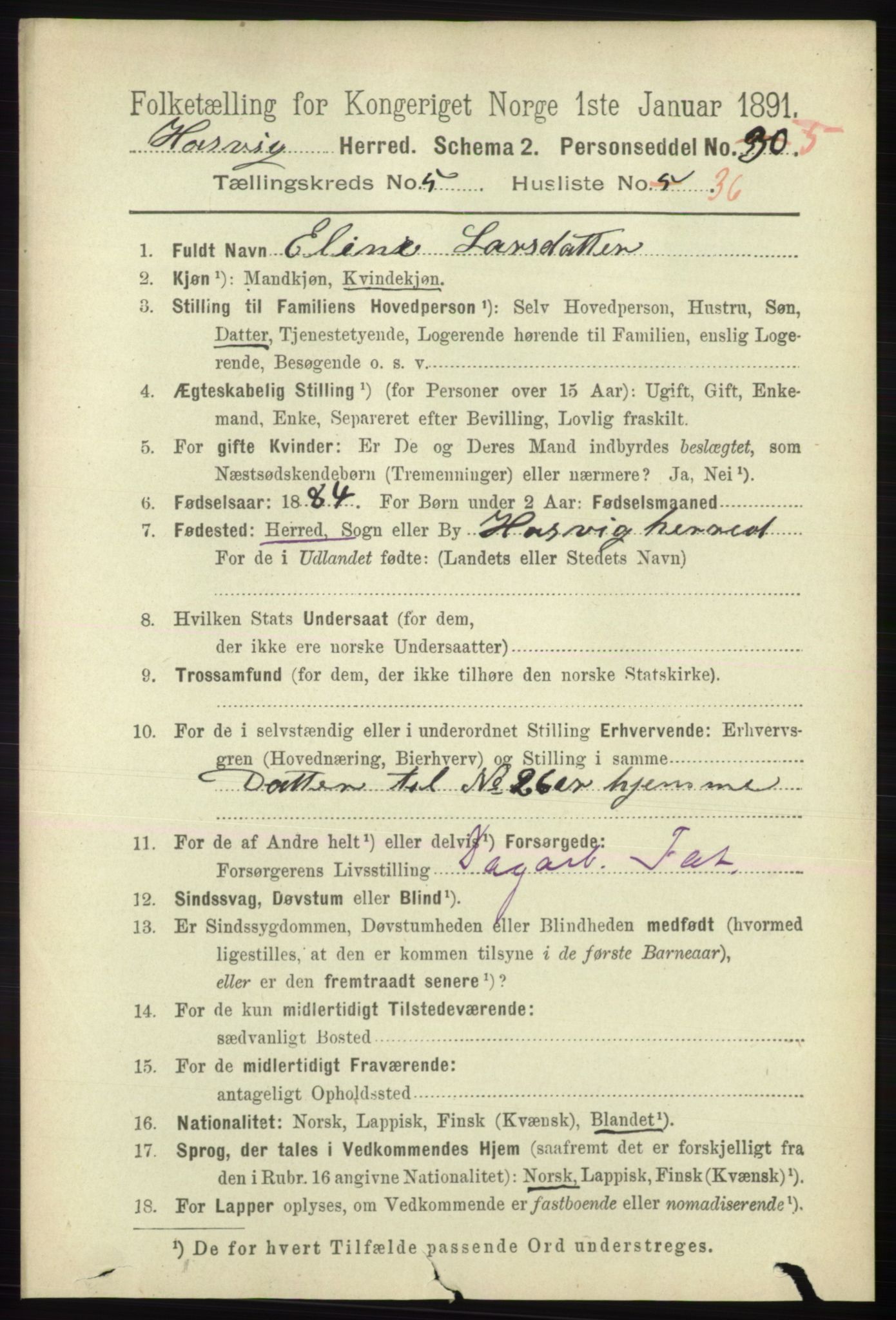 RA, 1891 census for 2015 Hasvik, 1891, p. 851