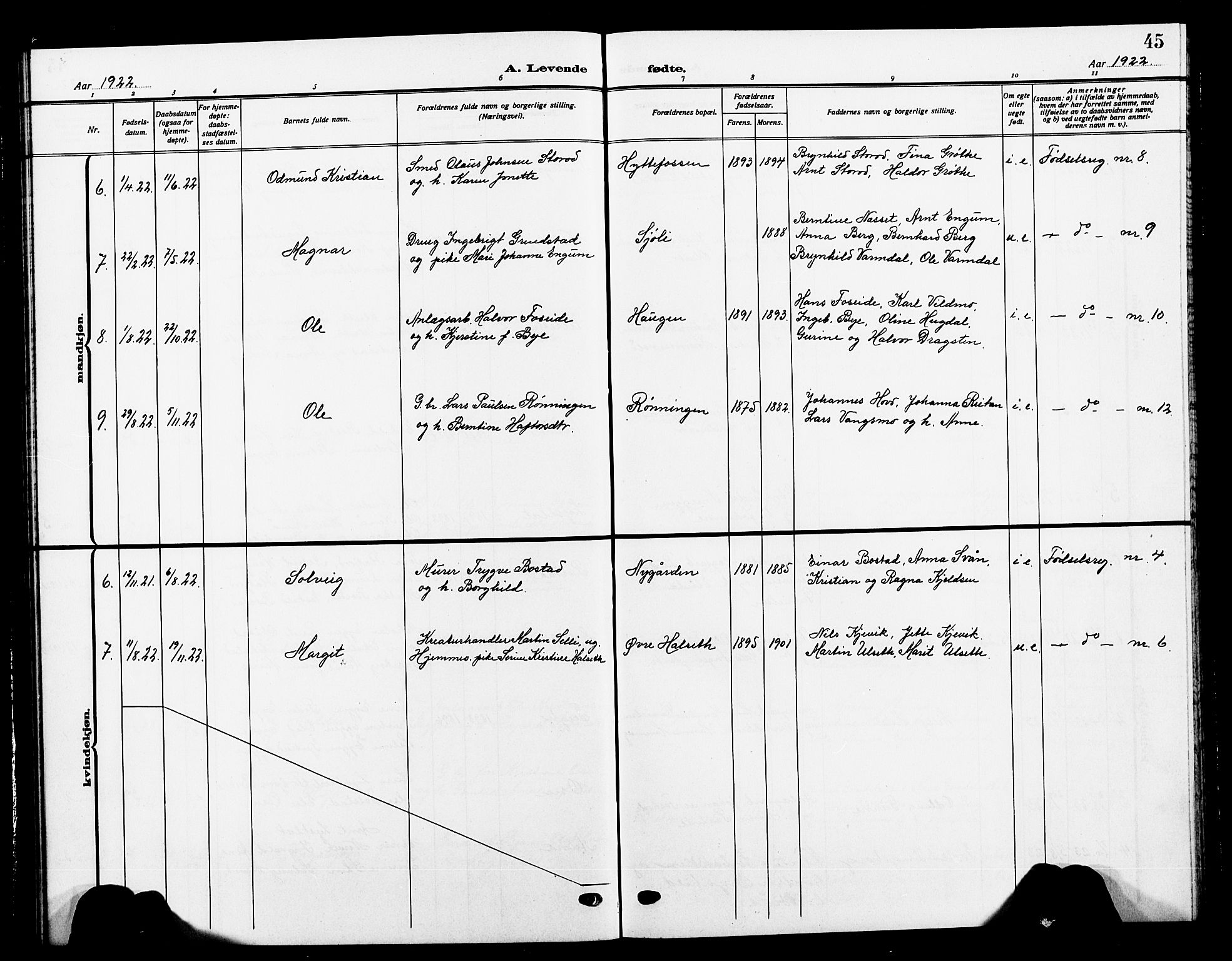 Ministerialprotokoller, klokkerbøker og fødselsregistre - Sør-Trøndelag, SAT/A-1456/618/L0453: Parish register (copy) no. 618C04, 1907-1925, p. 45