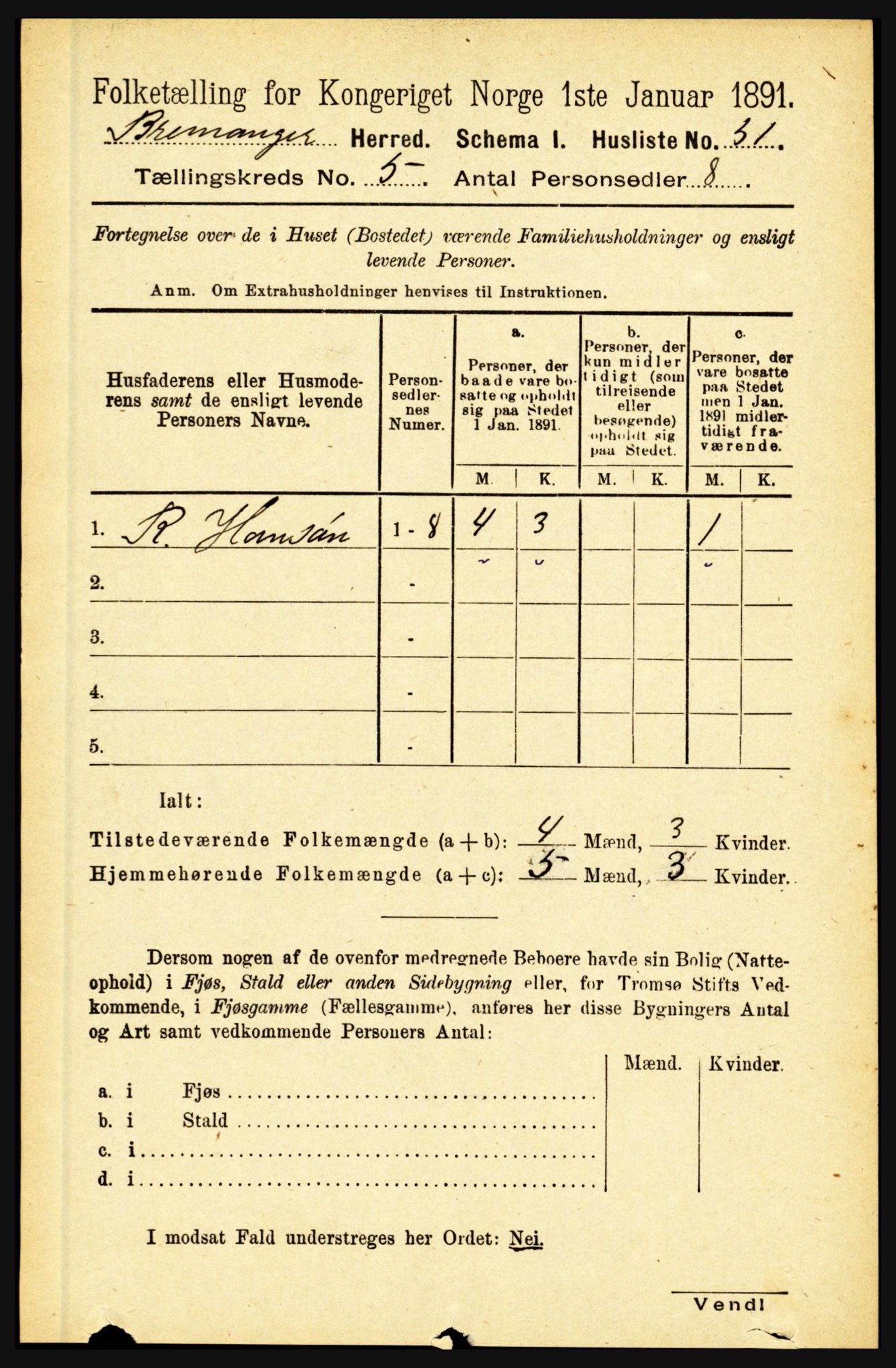 RA, 1891 census for 1438 Bremanger, 1891, p. 1959