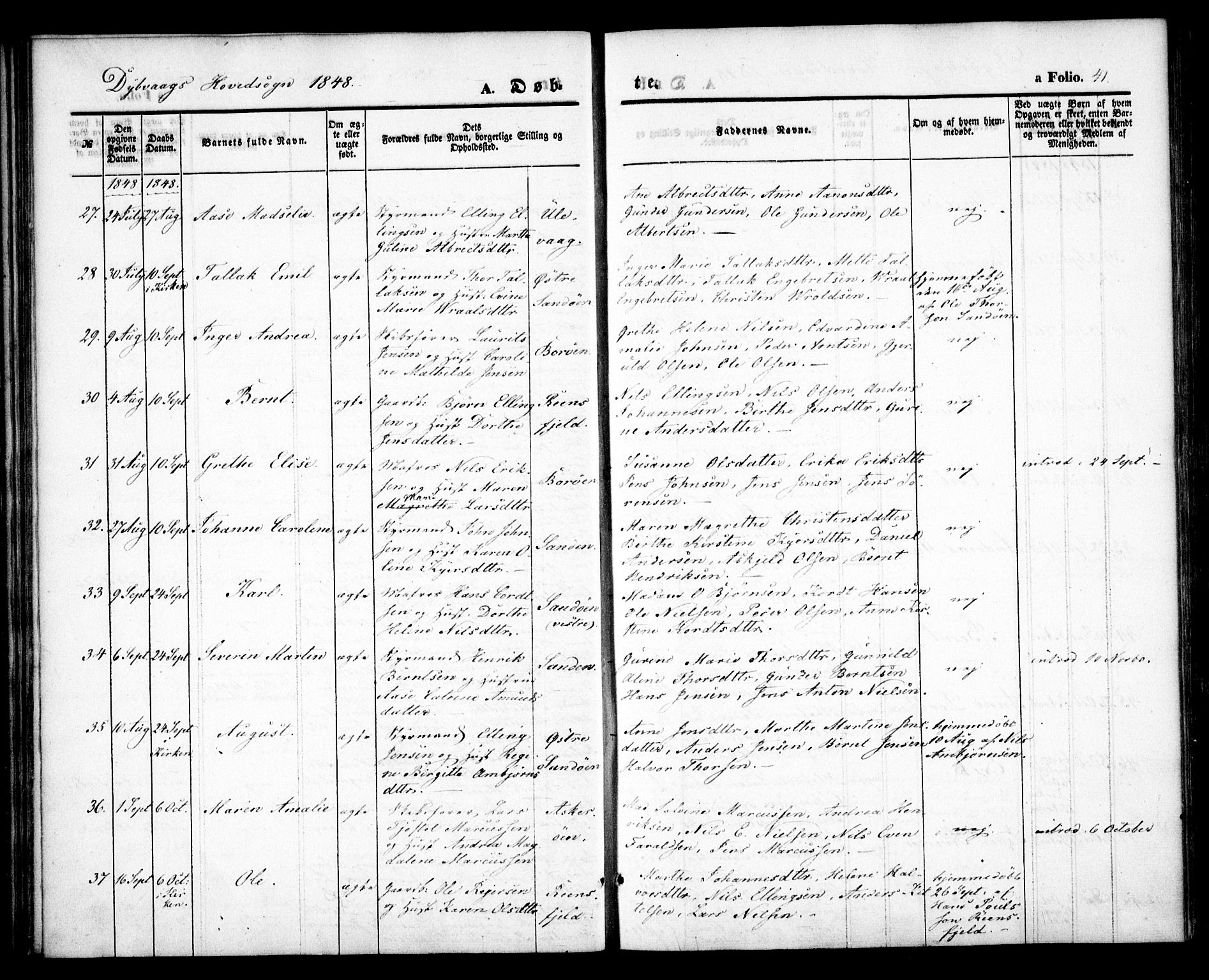 Dypvåg sokneprestkontor, AV/SAK-1111-0007/F/Fa/Faa/L0005: Parish register (official) no. A 5, 1841-1854, p. 41