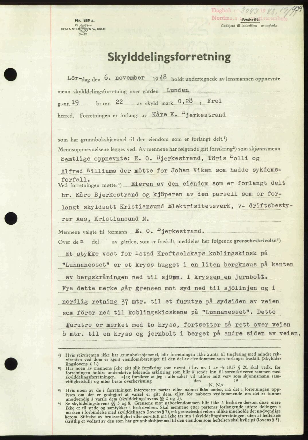 Nordmøre sorenskriveri, AV/SAT-A-4132/1/2/2Ca: Mortgage book no. A109, 1948-1948, Diary no: : 3243/1948