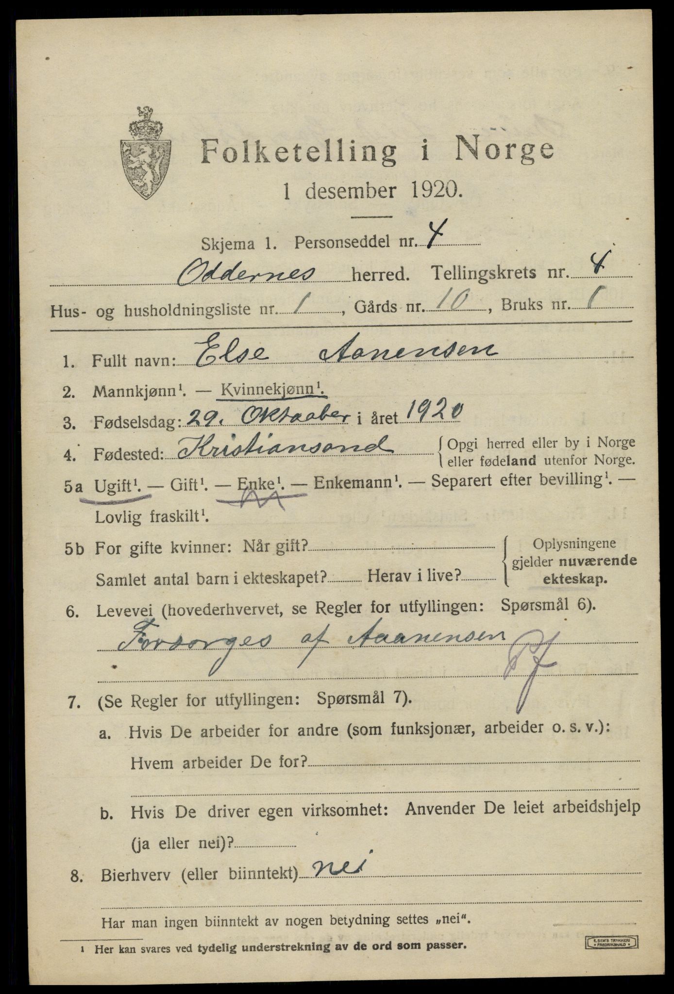 SAK, 1920 census for Oddernes, 1920, p. 4065