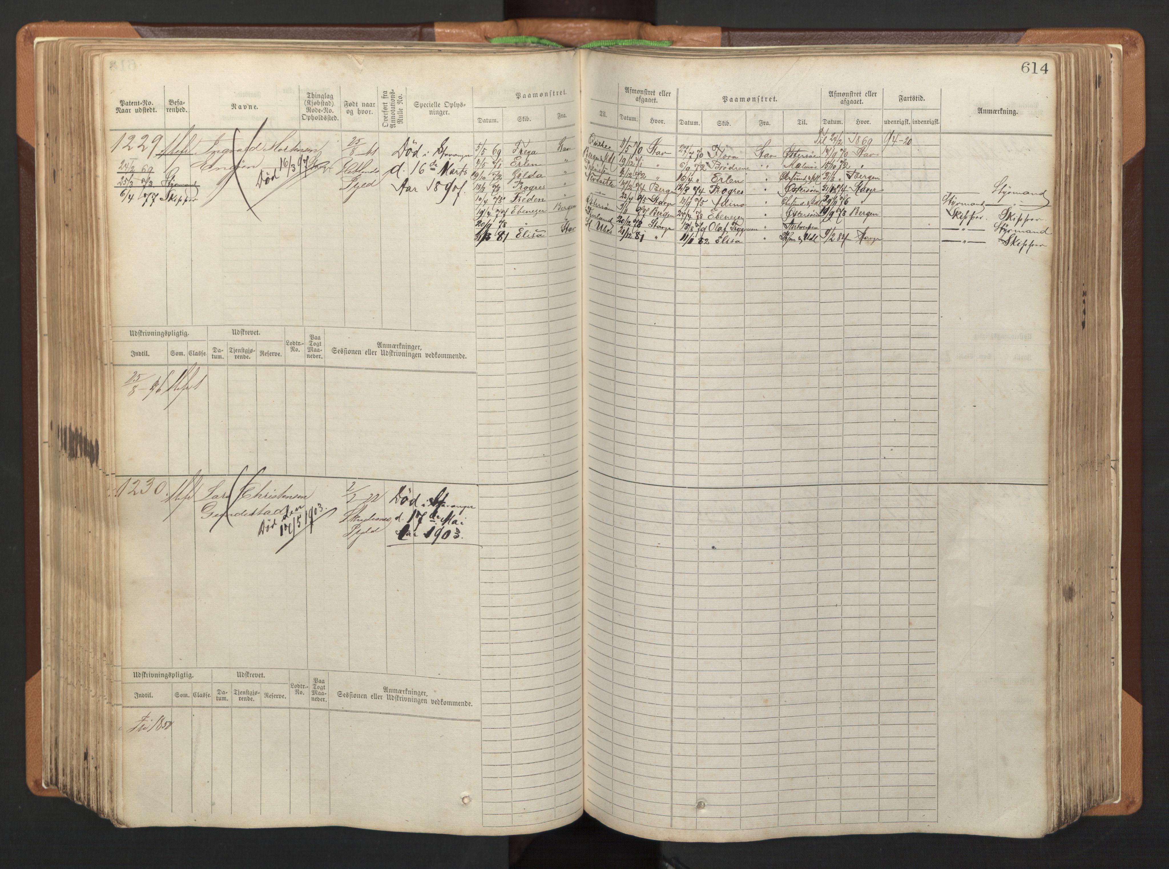 Stavanger sjømannskontor, AV/SAST-A-102006/F/Fb/Fbb/L0005: Sjøfartshovedrulle, patentnr. 793-1606 (del 2), 1869-1880, p. 224