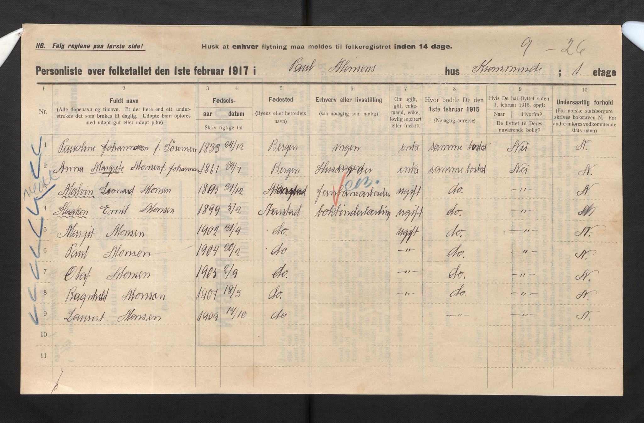 SAB, Municipal Census 1917 for Bergen, 1917, p. 50384