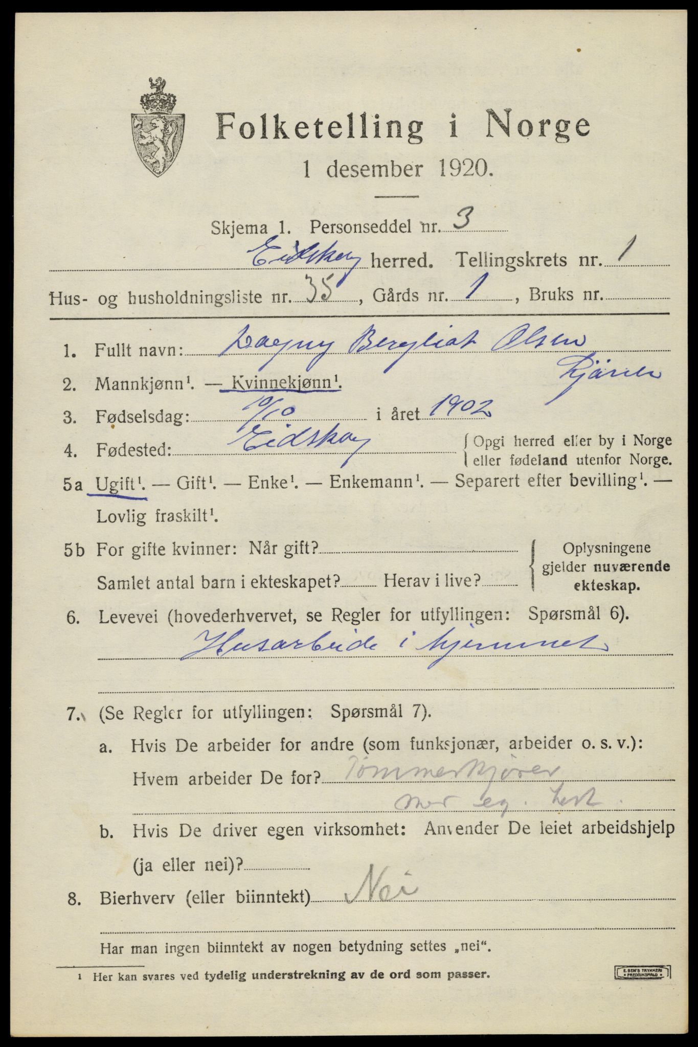 SAH, 1920 census for Eidskog, 1920, p. 2785
