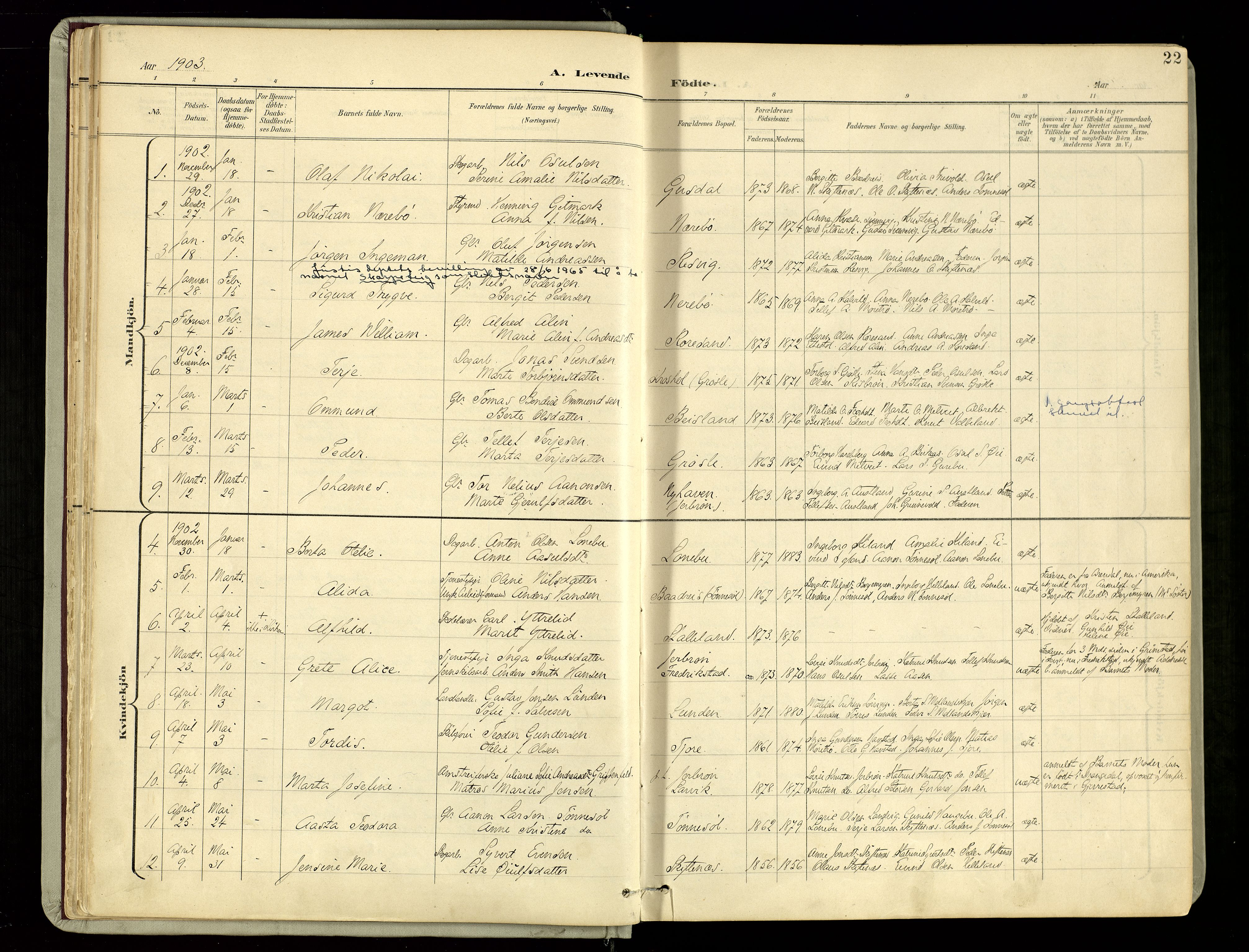 Hommedal sokneprestkontor, SAK/1111-0023/F/Fa/Fab/L0007: Parish register (official) no. A 7, 1898-1924, p. 22