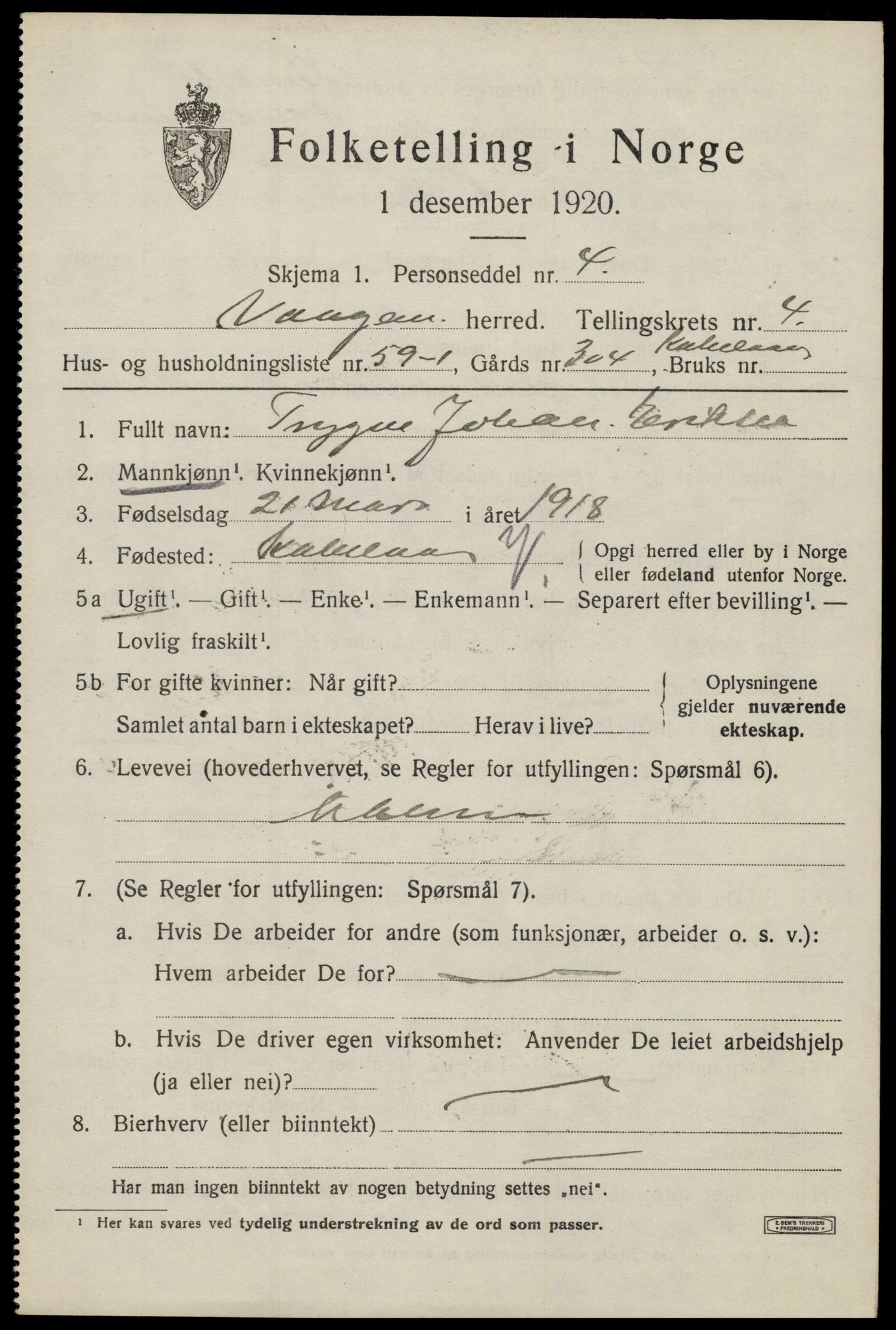 SAT, 1920 census for Vågan, 1920, p. 3943