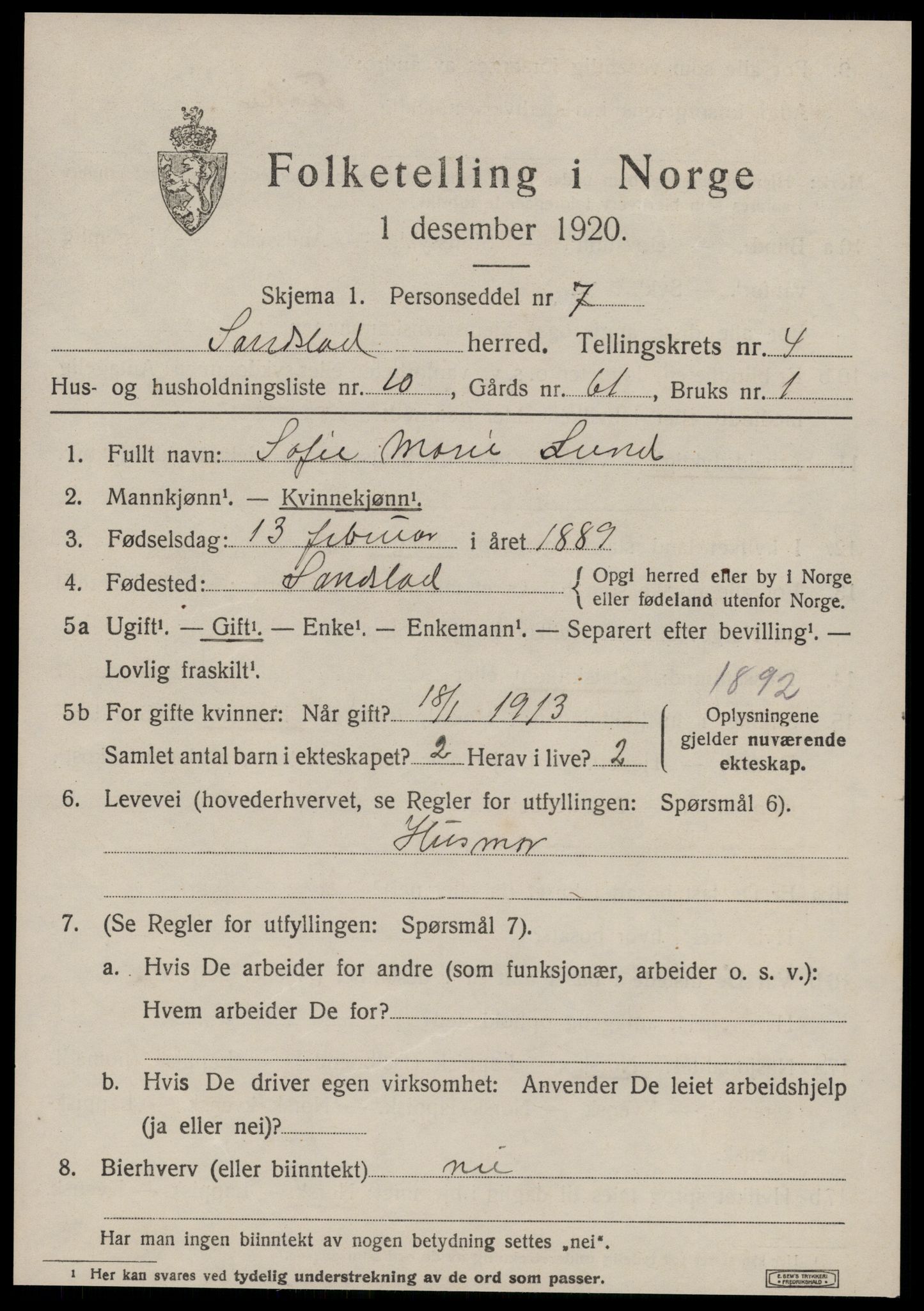 SAT, 1920 census for Sandstad, 1920, p. 2079