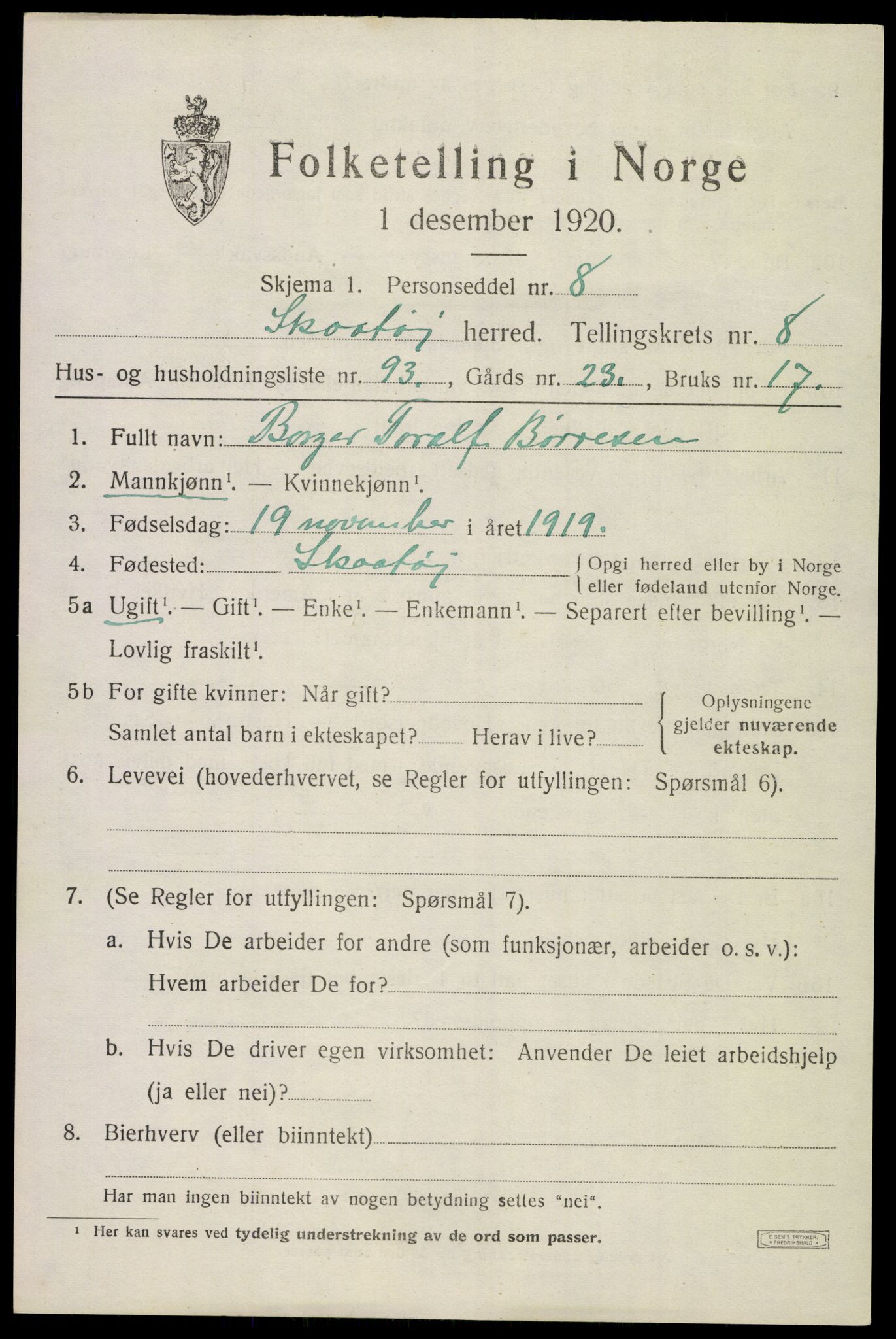 SAKO, 1920 census for Skåtøy, 1920, p. 6634