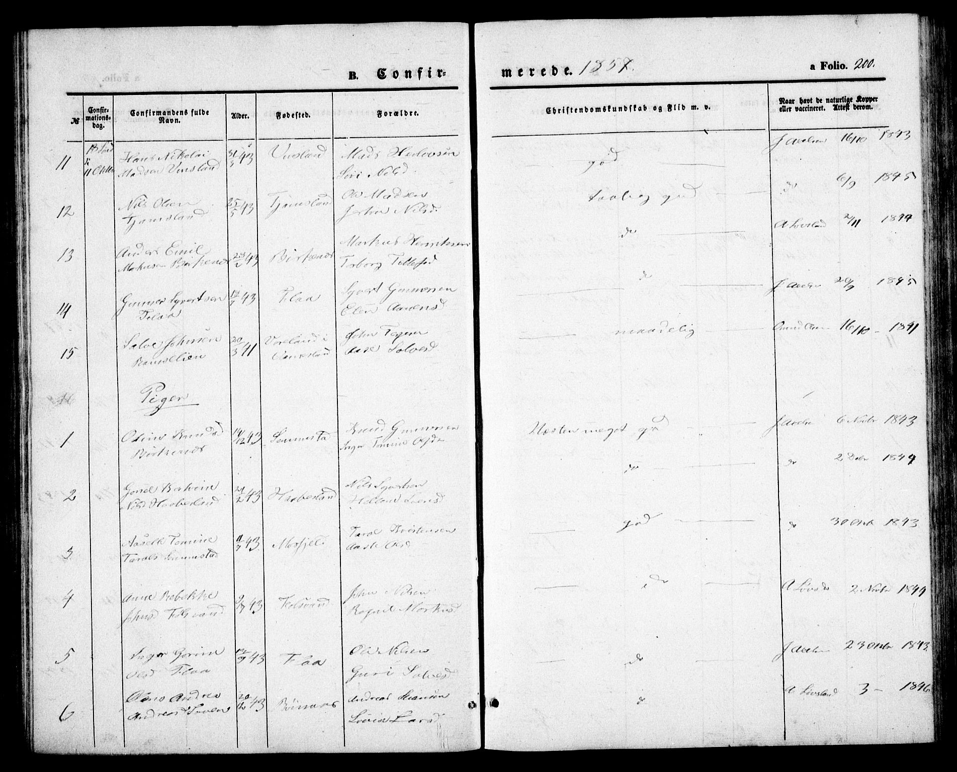 Birkenes sokneprestkontor, SAK/1111-0004/F/Fb/L0002: Parish register (copy) no. B 2, 1849-1876, p. 200