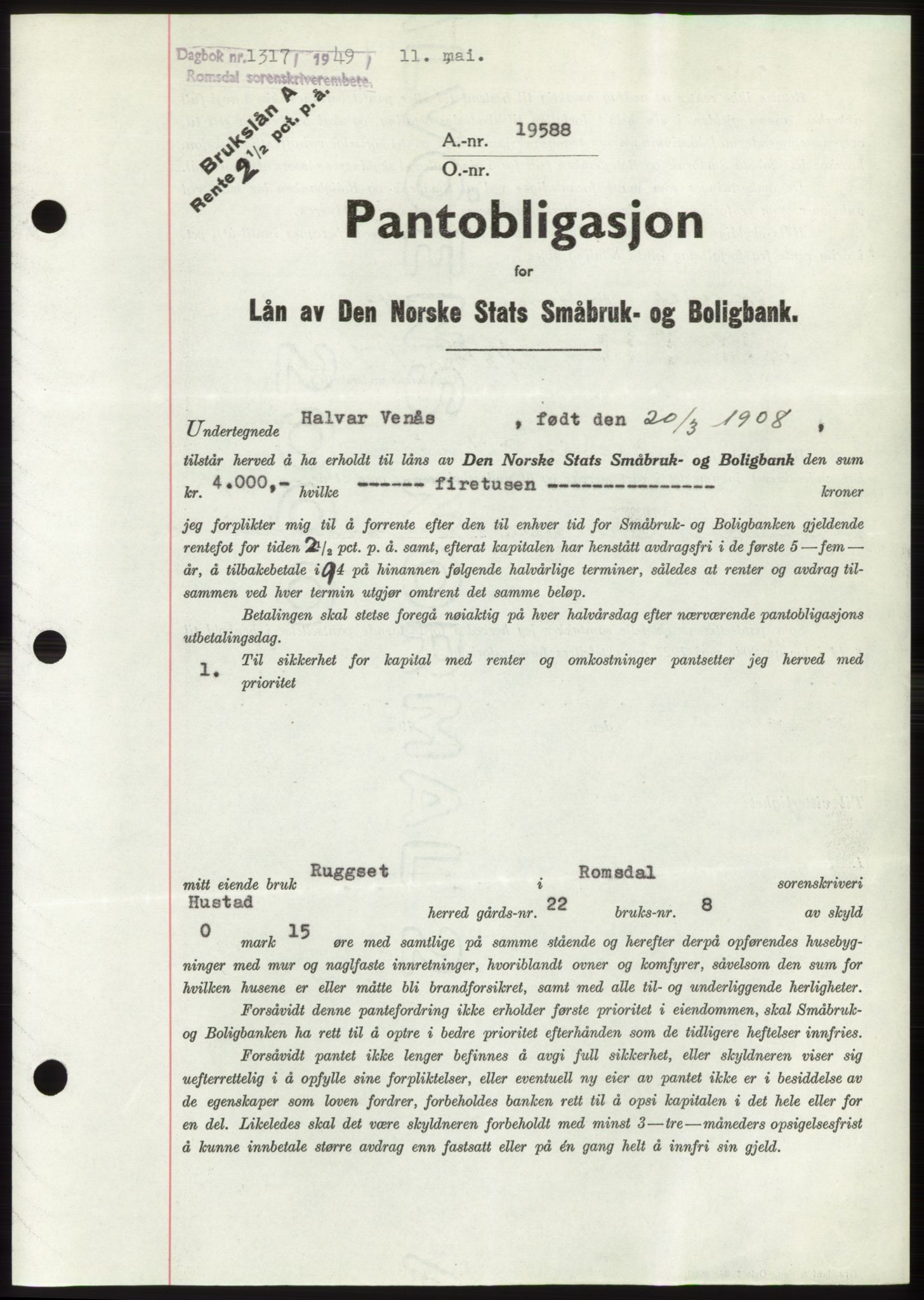 Romsdal sorenskriveri, AV/SAT-A-4149/1/2/2C: Mortgage book no. B4, 1948-1949, Diary no: : 1317/1949