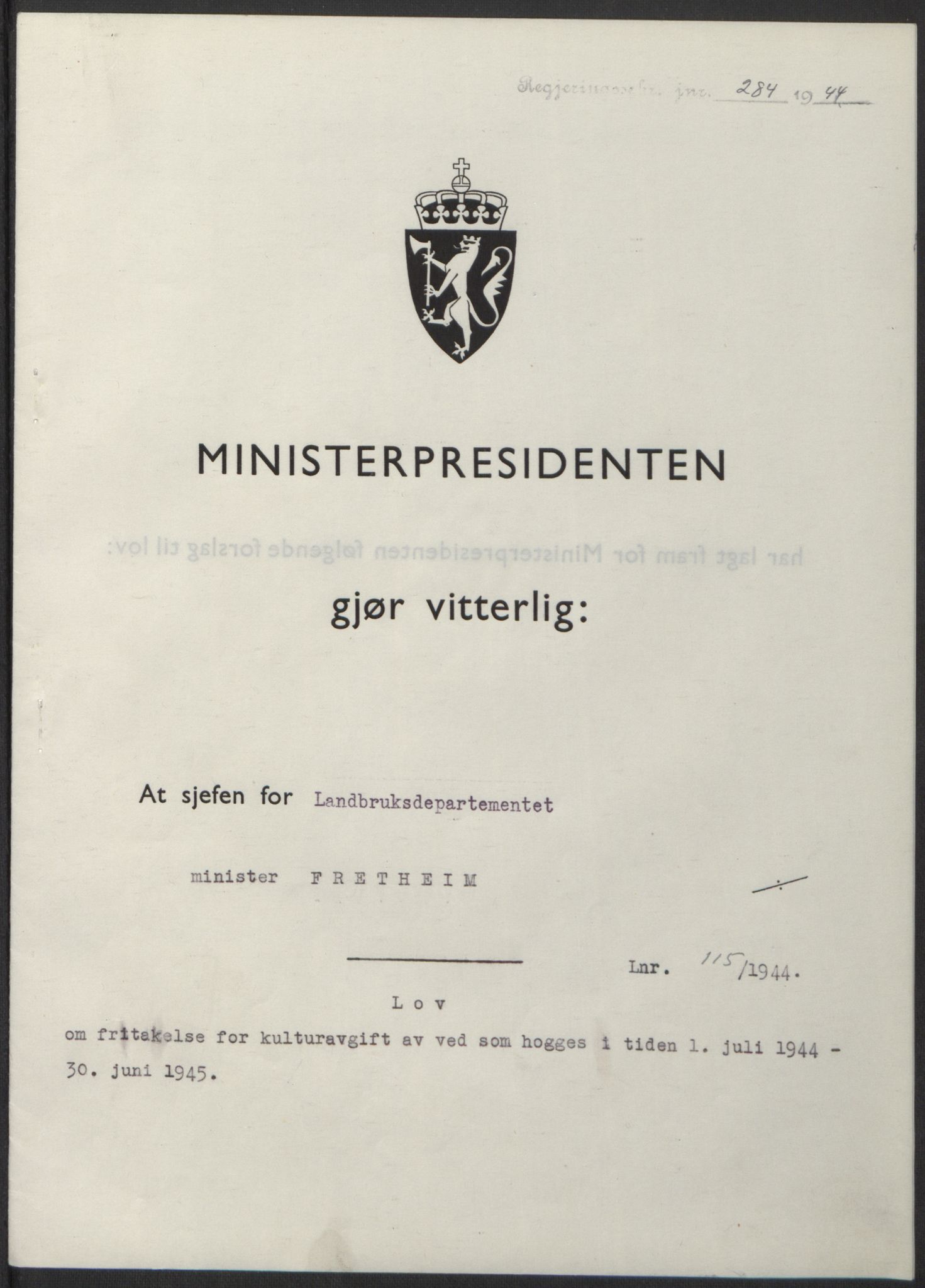 NS-administrasjonen 1940-1945 (Statsrådsekretariatet, de kommisariske statsråder mm), AV/RA-S-4279/D/Db/L0100: Lover, 1944, p. 549