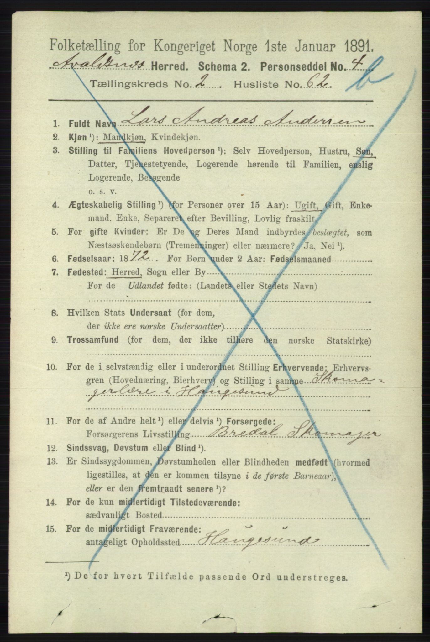 RA, 1891 census for 1147 Avaldsnes, 1891, p. 2321