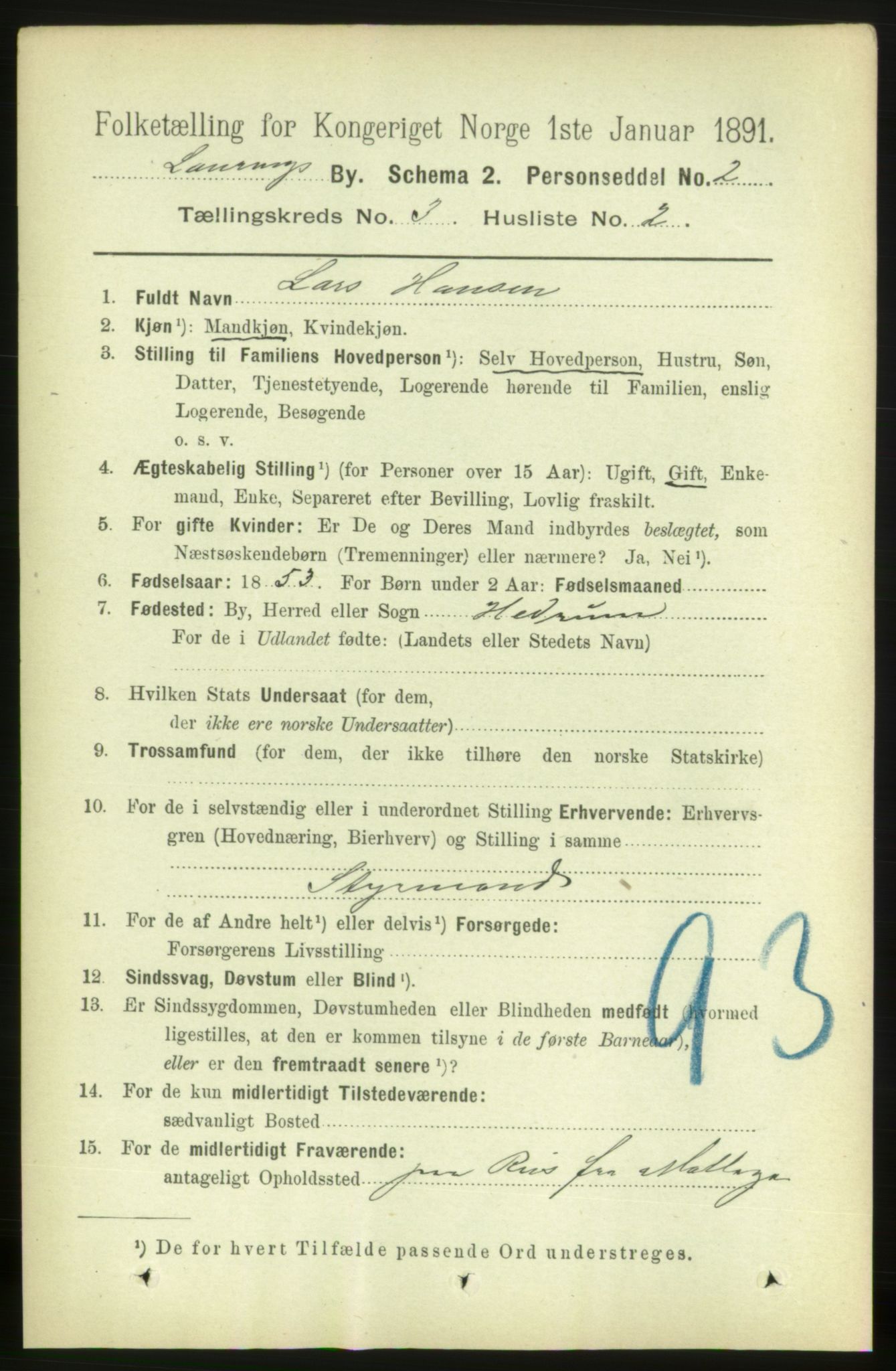 RA, 1891 census for 0707 Larvik, 1891, p. 4135