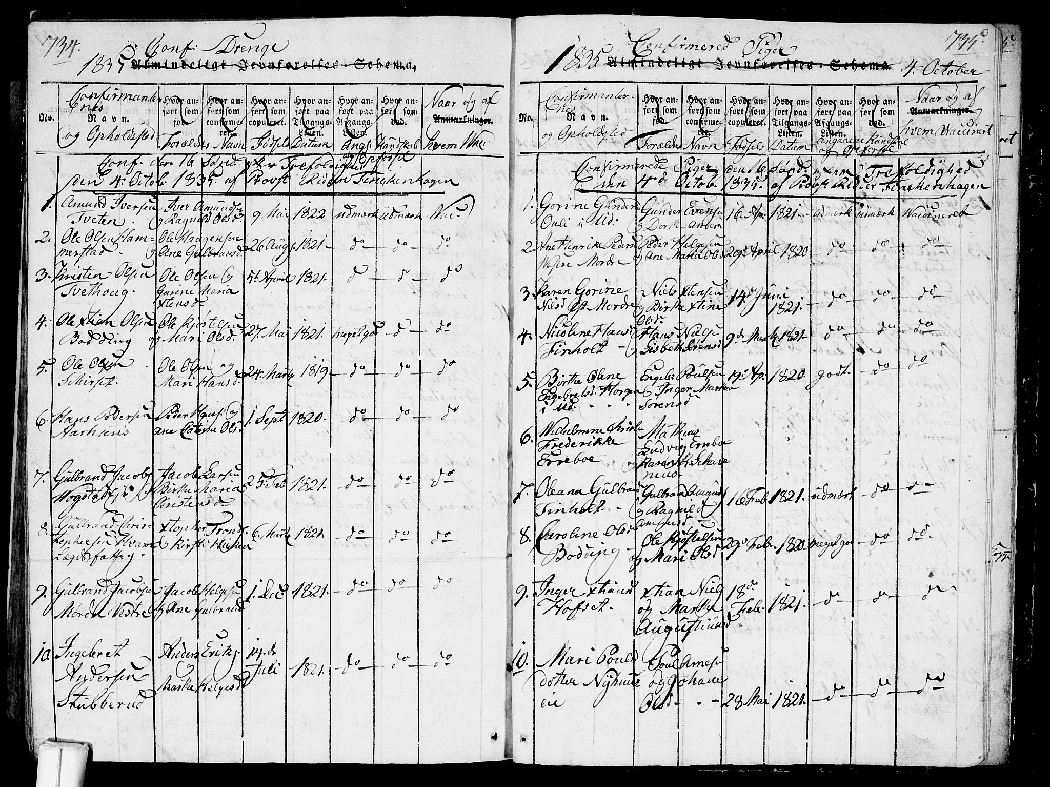 Nes prestekontor Kirkebøker, AV/SAO-A-10410/G/Ga/L0001: Parish register (copy) no. I 1, 1815-1835, p. 734-735