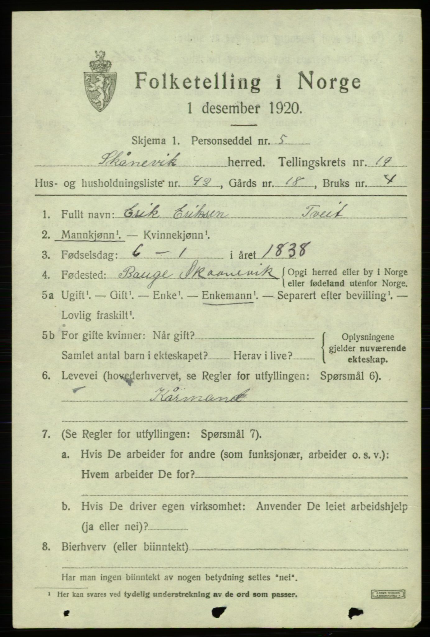 SAB, 1920 census for Skånevik, 1920, p. 7427