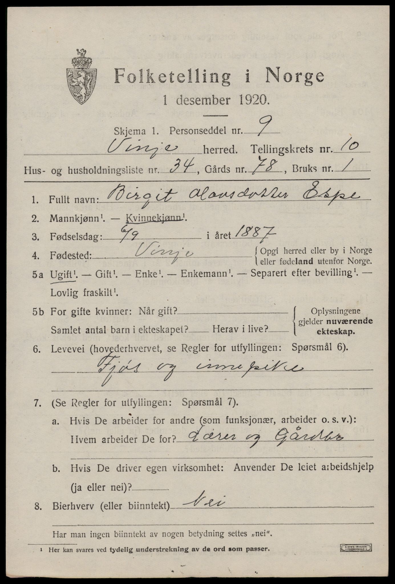 SAKO, 1920 census for Vinje, 1920, p. 3353