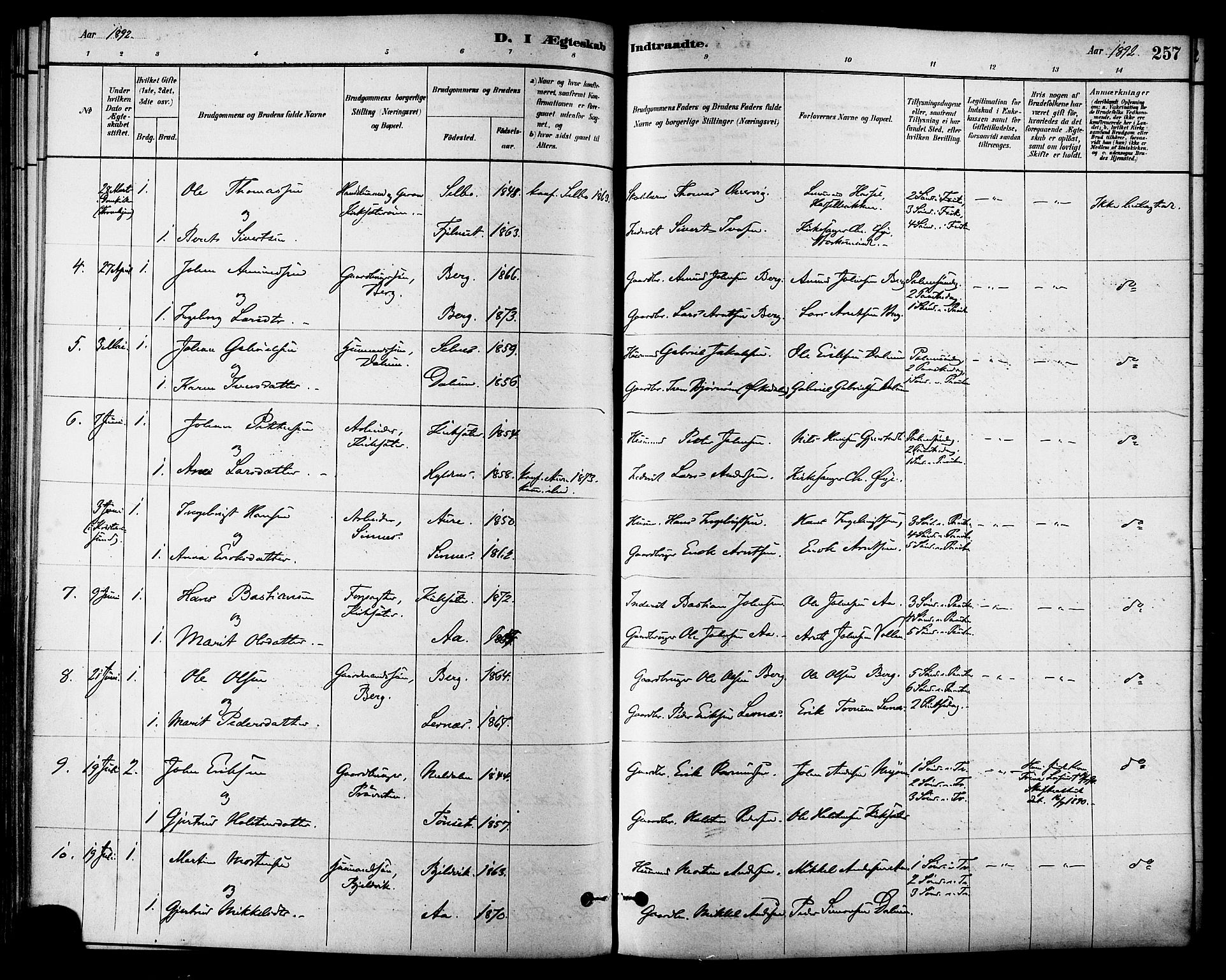 Ministerialprotokoller, klokkerbøker og fødselsregistre - Sør-Trøndelag, SAT/A-1456/630/L0496: Parish register (official) no. 630A09, 1879-1895, p. 257