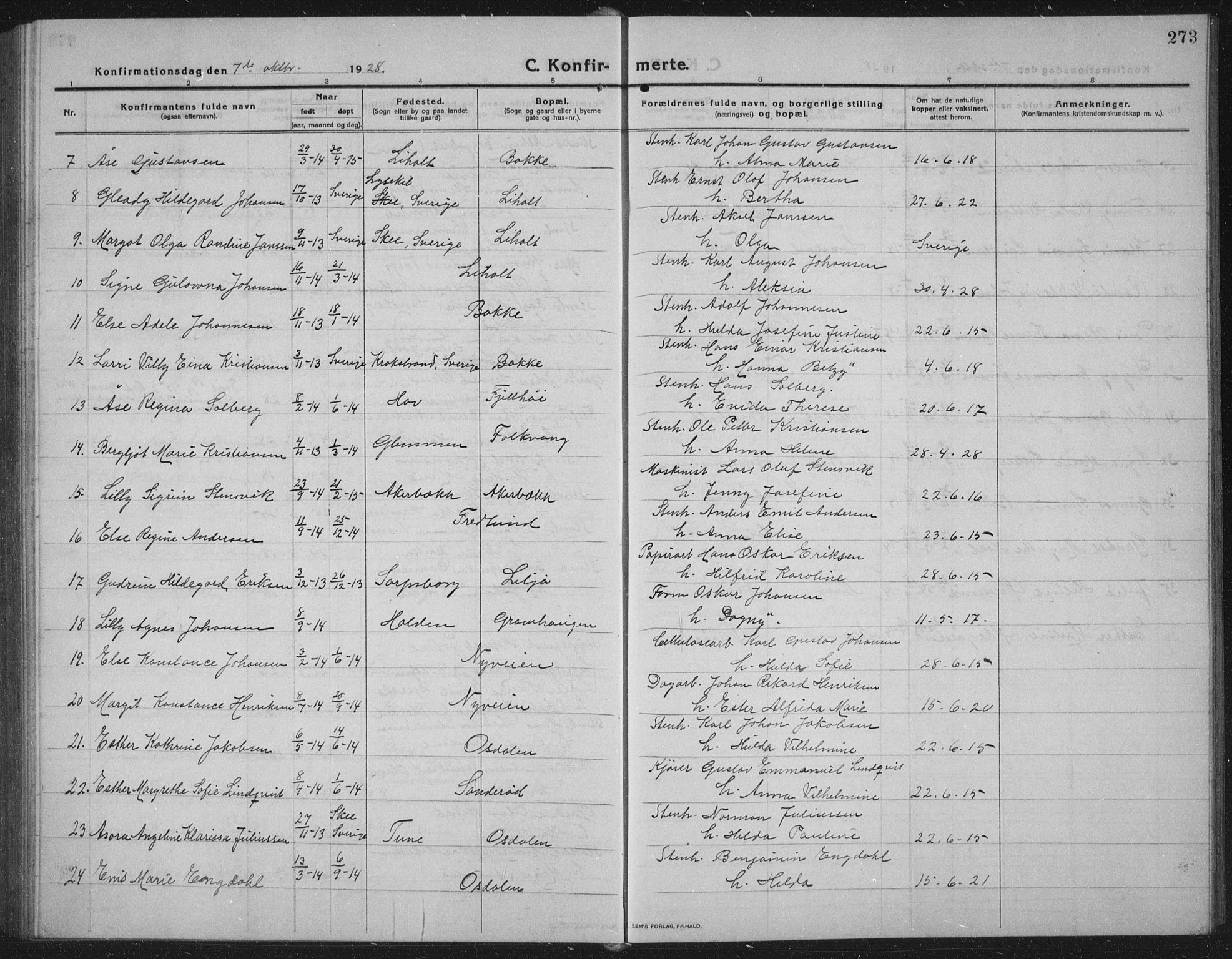 Idd prestekontor Kirkebøker, SAO/A-10911/G/Gb/L0003: Parish register (copy) no. II 3, 1914-1940, p. 273