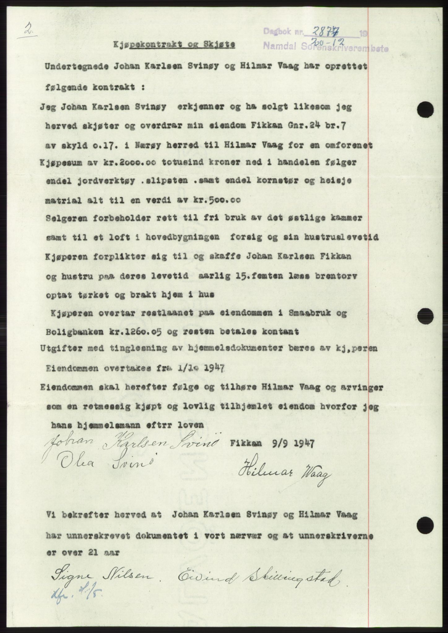 Namdal sorenskriveri, SAT/A-4133/1/2/2C: Mortgage book no. -, 1947-1948, Diary no: : 2877/1947