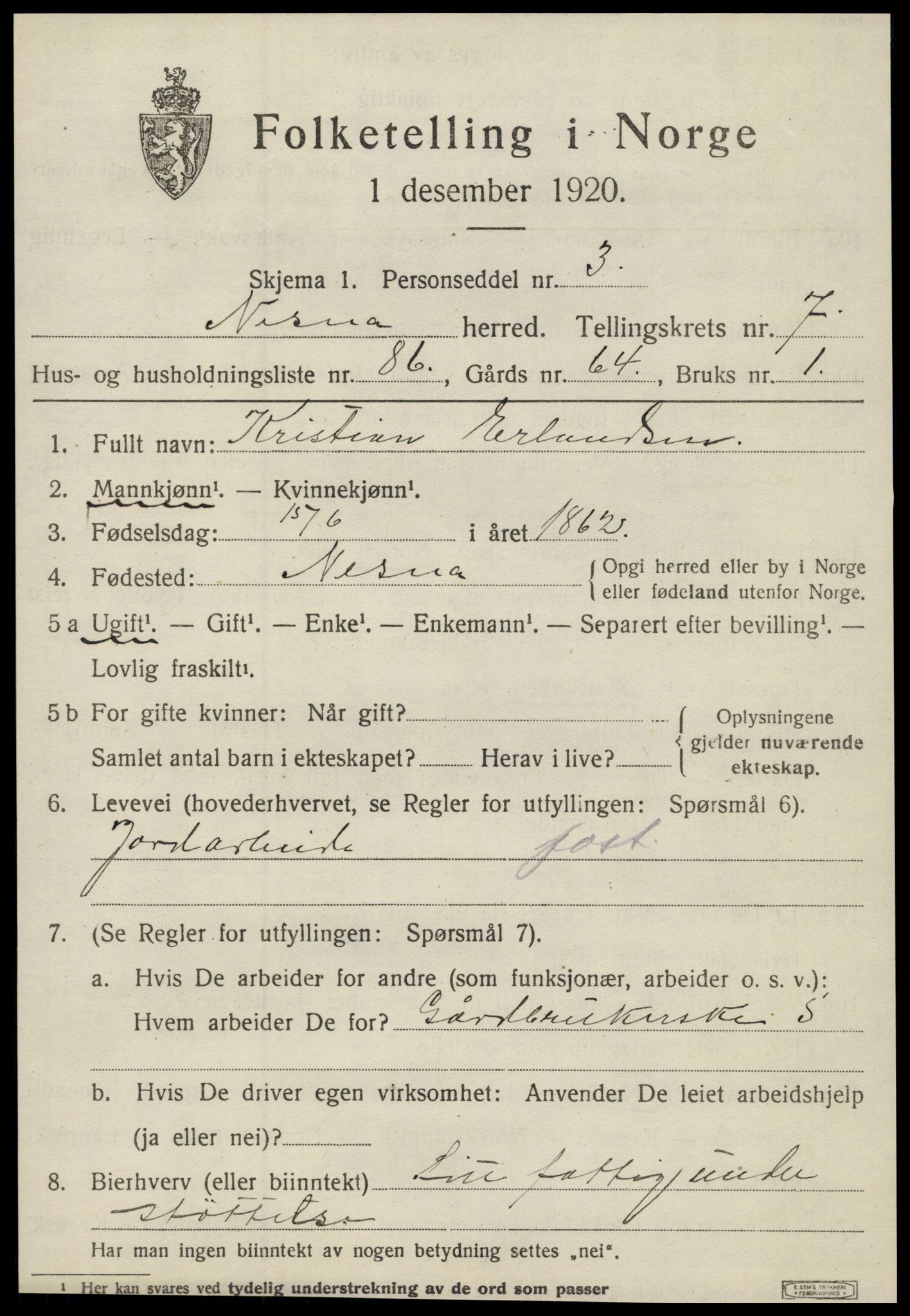 SAT, 1920 census for Nesna, 1920, p. 6551