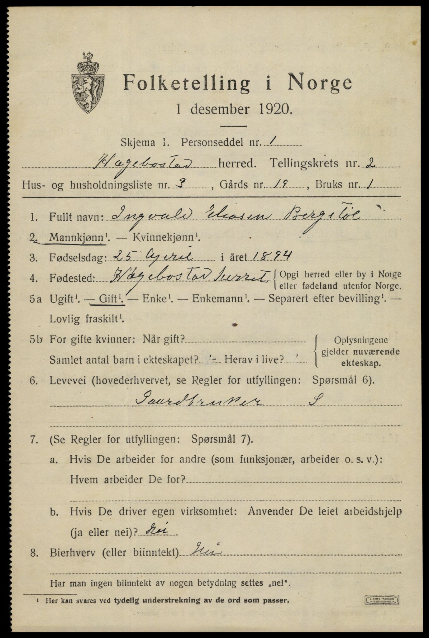 SAK, 1920 census for Hægebostad, 1920, p. 861