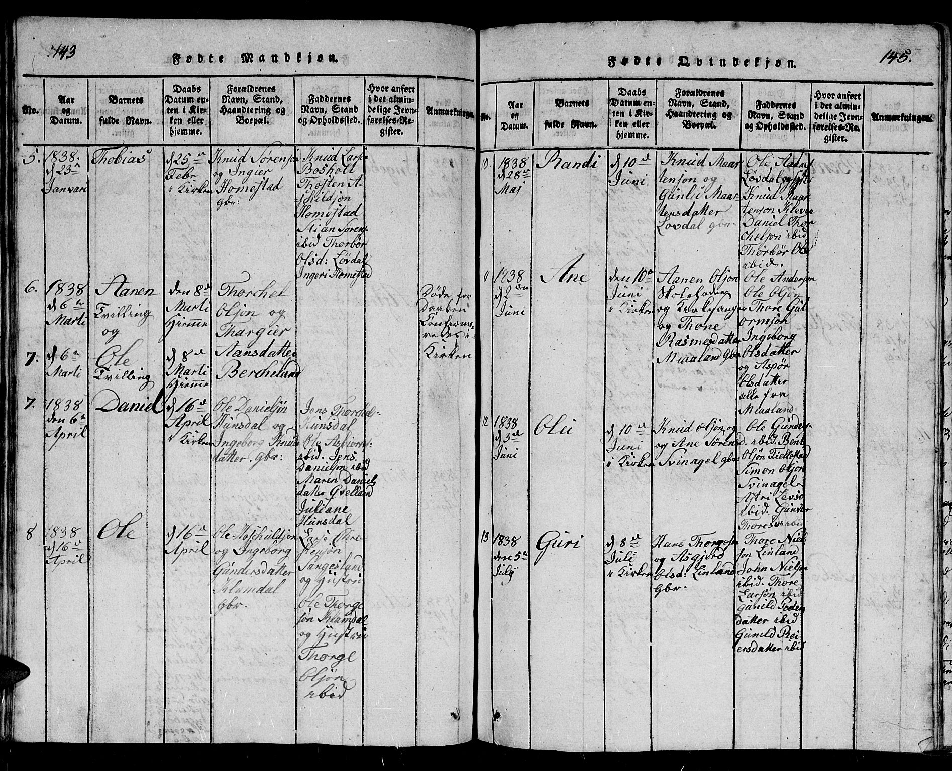 Holum sokneprestkontor, AV/SAK-1111-0022/F/Fb/Fbb/L0001: Parish register (copy) no. B 1, 1820-1847, p. 143-144