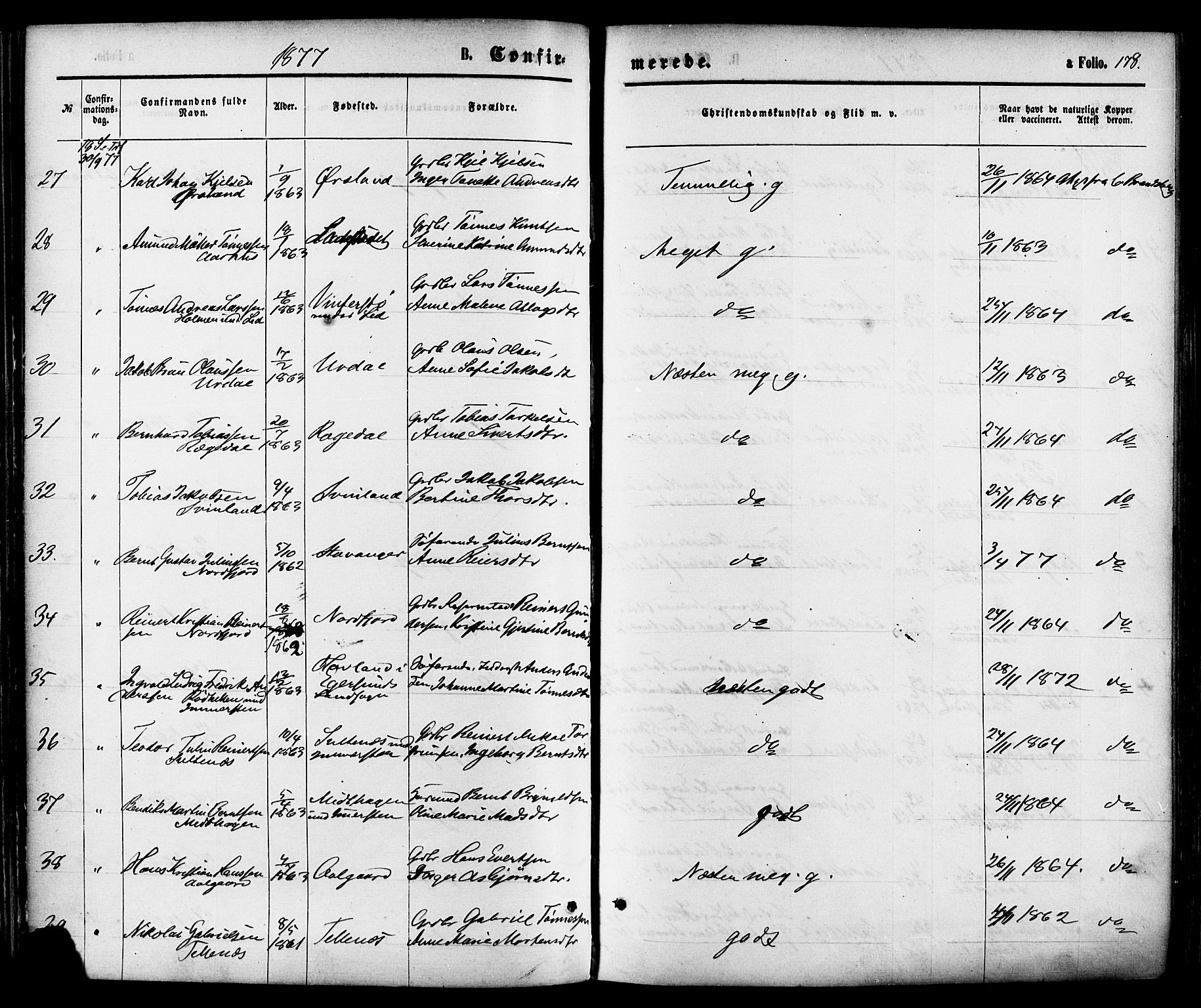 Sokndal sokneprestkontor, AV/SAST-A-101808: Parish register (official) no. A 10, 1874-1886, p. 178