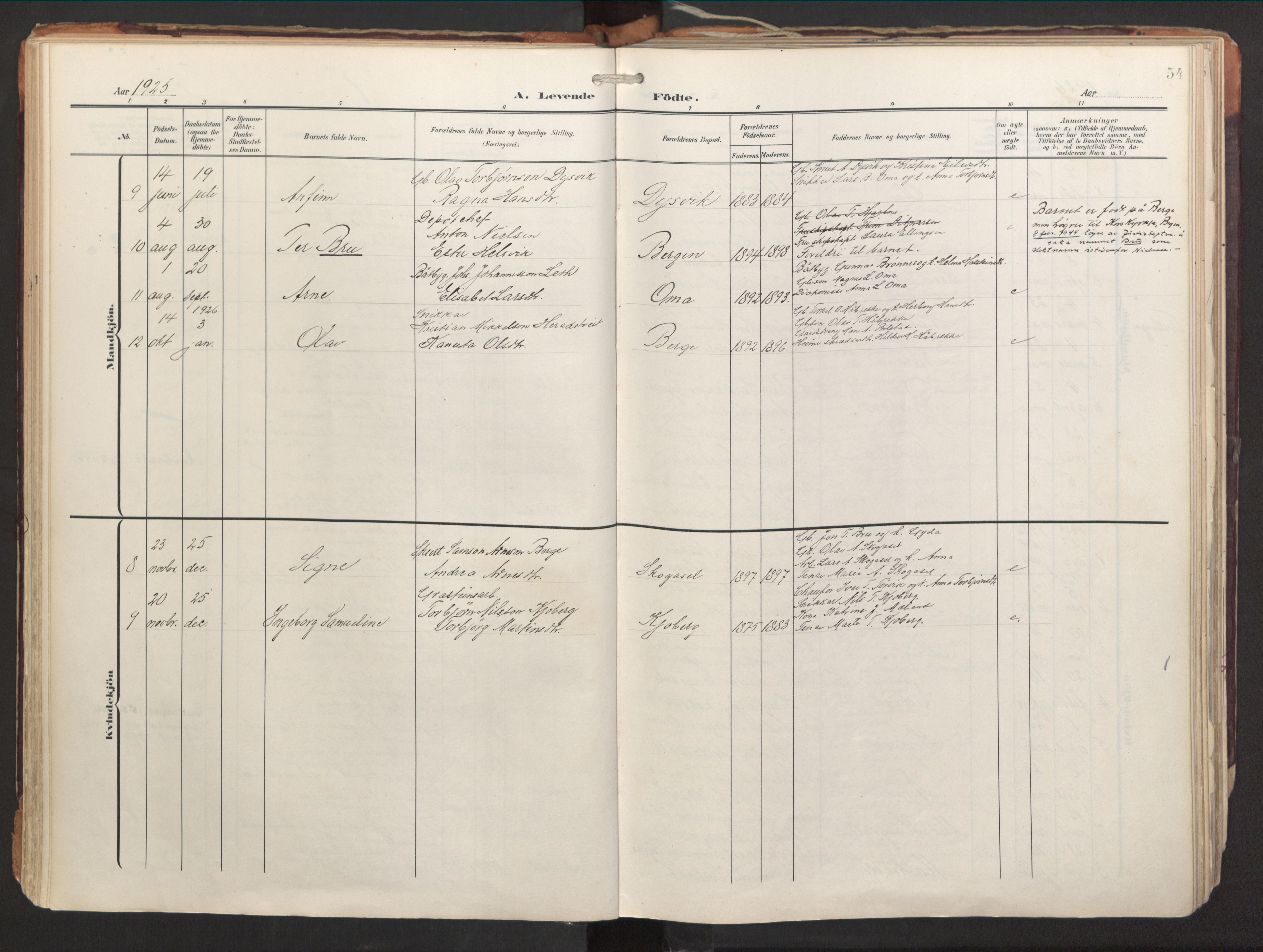 Strandebarm sokneprestembete, AV/SAB-A-78401/H/Haa: Parish register (official) no. B 2, 1909-1941, p. 54