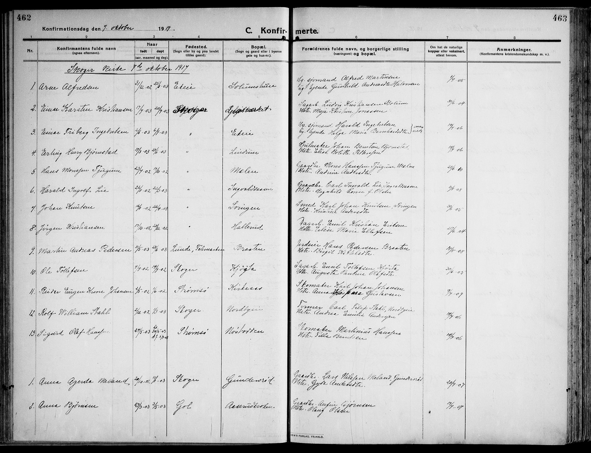 Skoger kirkebøker, AV/SAKO-A-59/F/Fa/L0007: Parish register (official) no. I 7, 1911-1936, p. 462-463