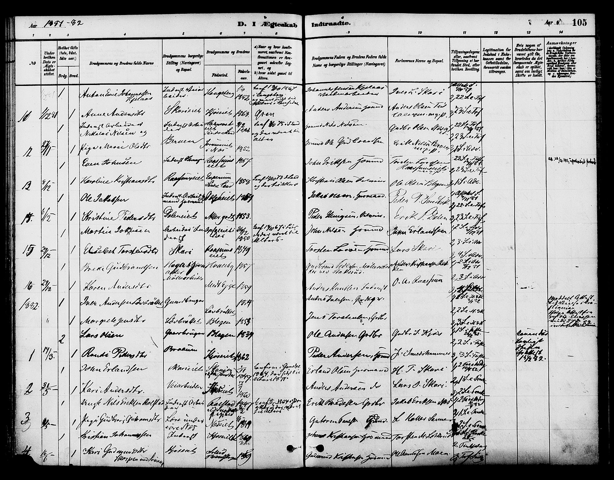 Gran prestekontor, SAH/PREST-112/H/Ha/Haa/L0015: Parish register (official) no. 15, 1880-1888, p. 105