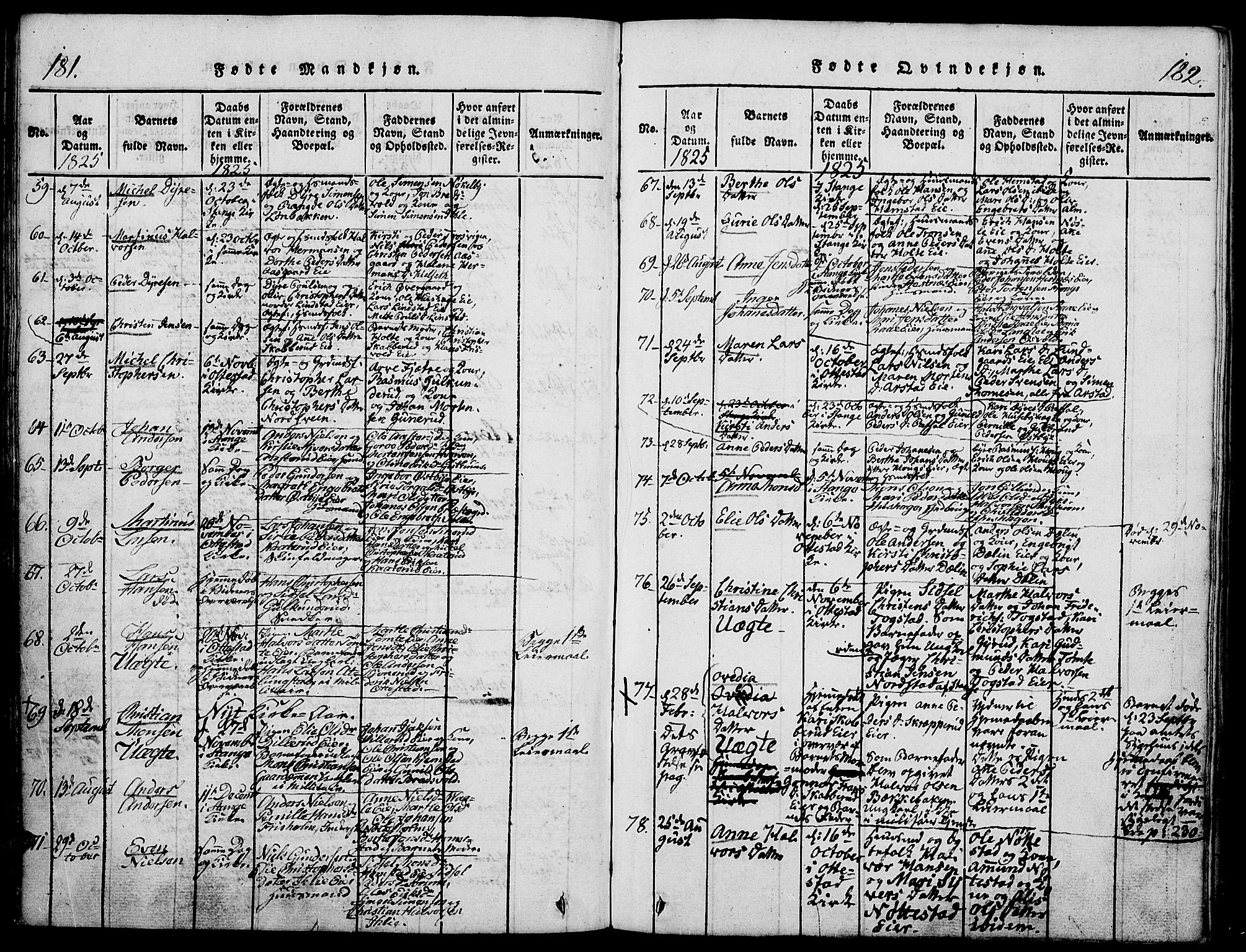 Stange prestekontor, SAH/PREST-002/K/L0008: Parish register (official) no. 8, 1814-1825, p. 181-182