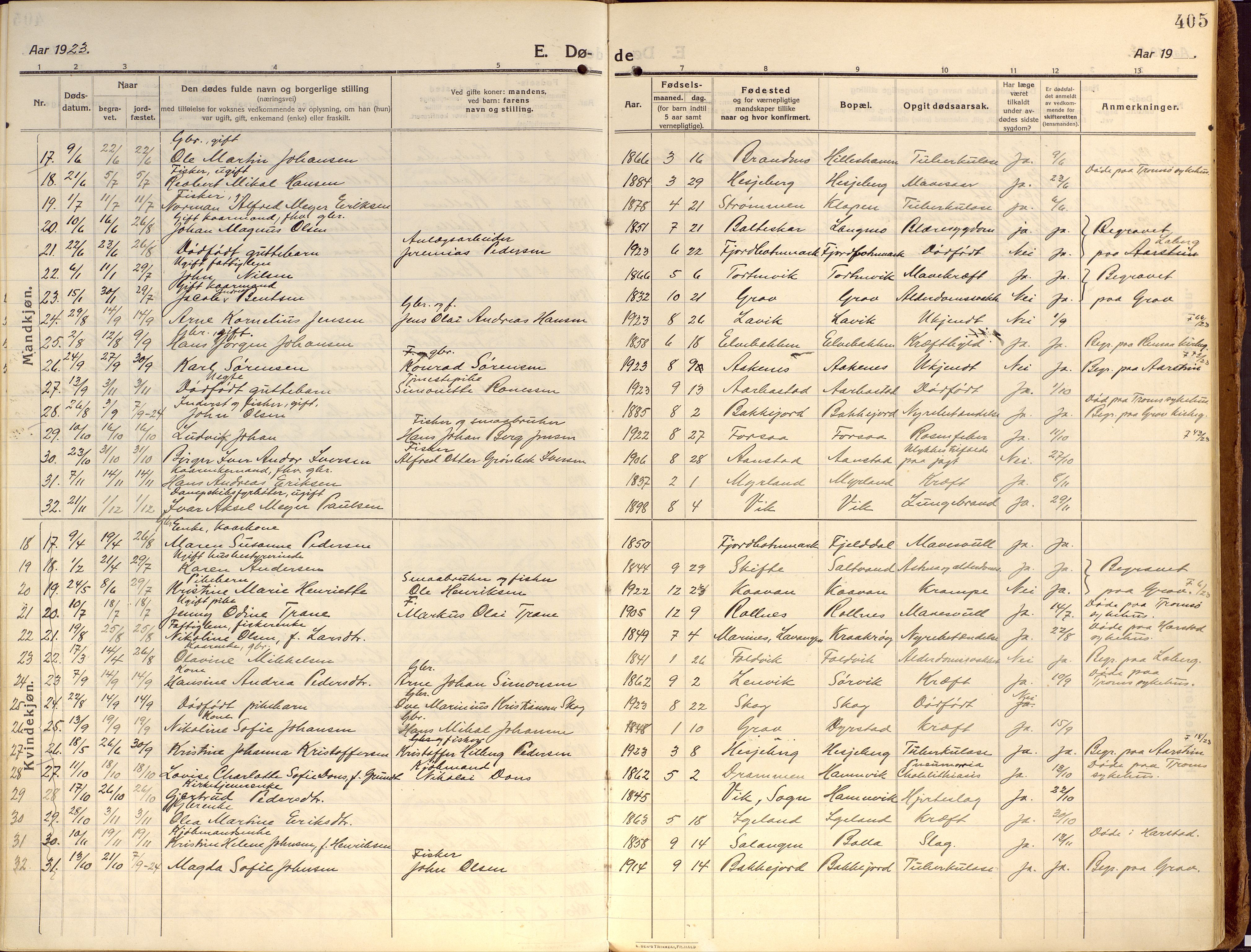 Ibestad sokneprestembete, SATØ/S-0077/H/Ha/Haa/L0018kirke: Parish register (official) no. 18, 1915-1929, p. 405