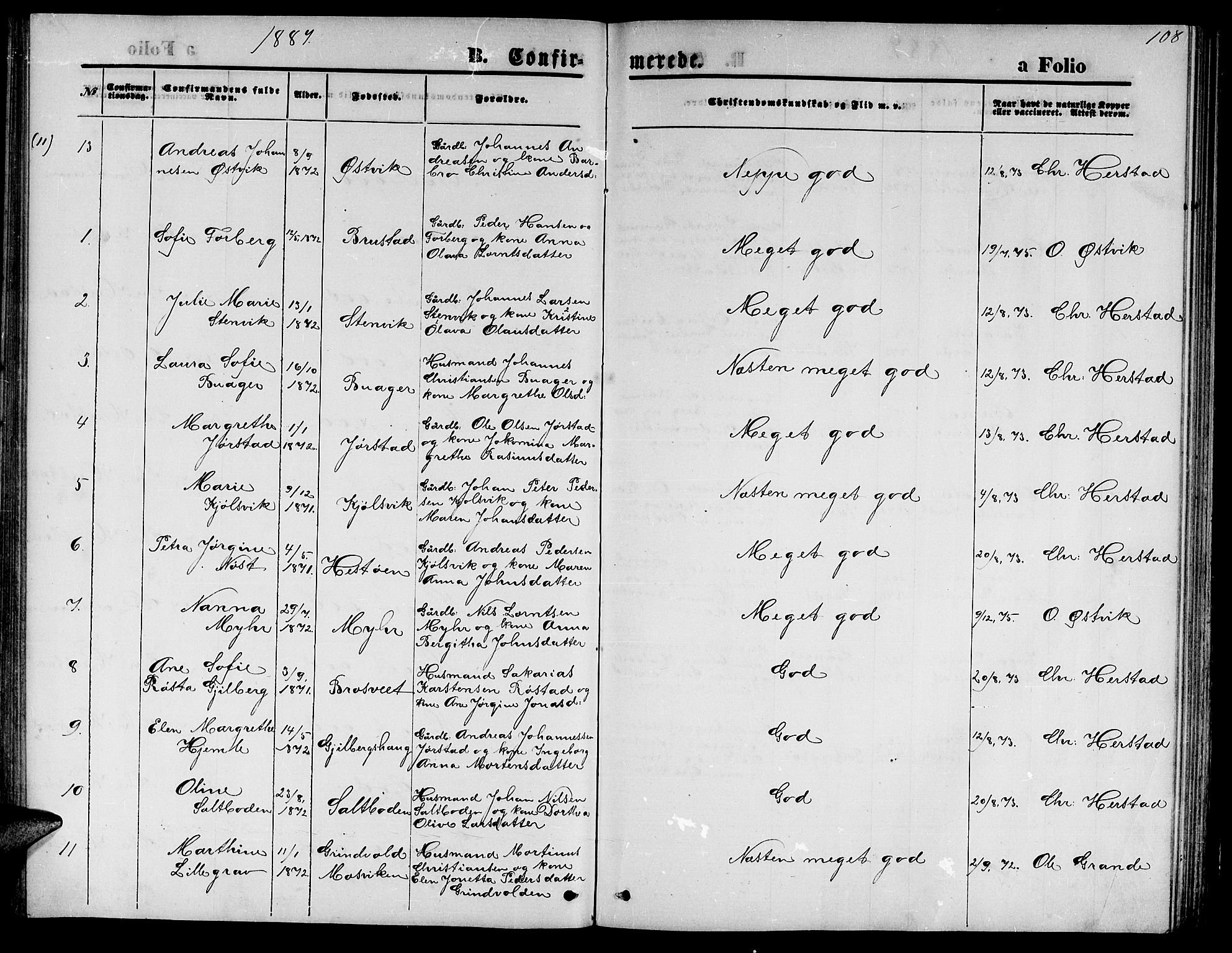 Ministerialprotokoller, klokkerbøker og fødselsregistre - Nord-Trøndelag, SAT/A-1458/722/L0225: Parish register (copy) no. 722C01, 1871-1888, p. 108