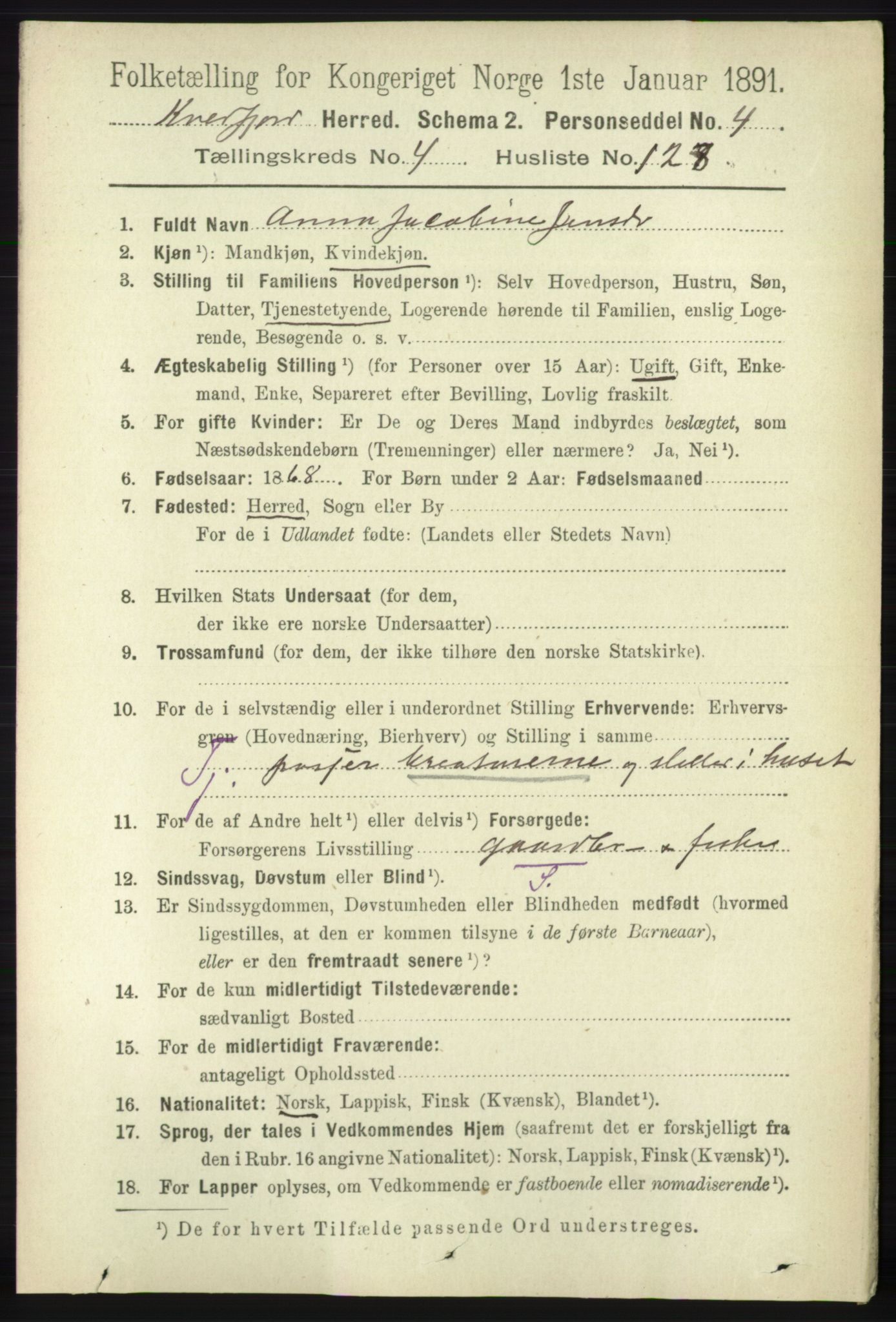 RA, 1891 census for 1911 Kvæfjord, 1891, p. 2707